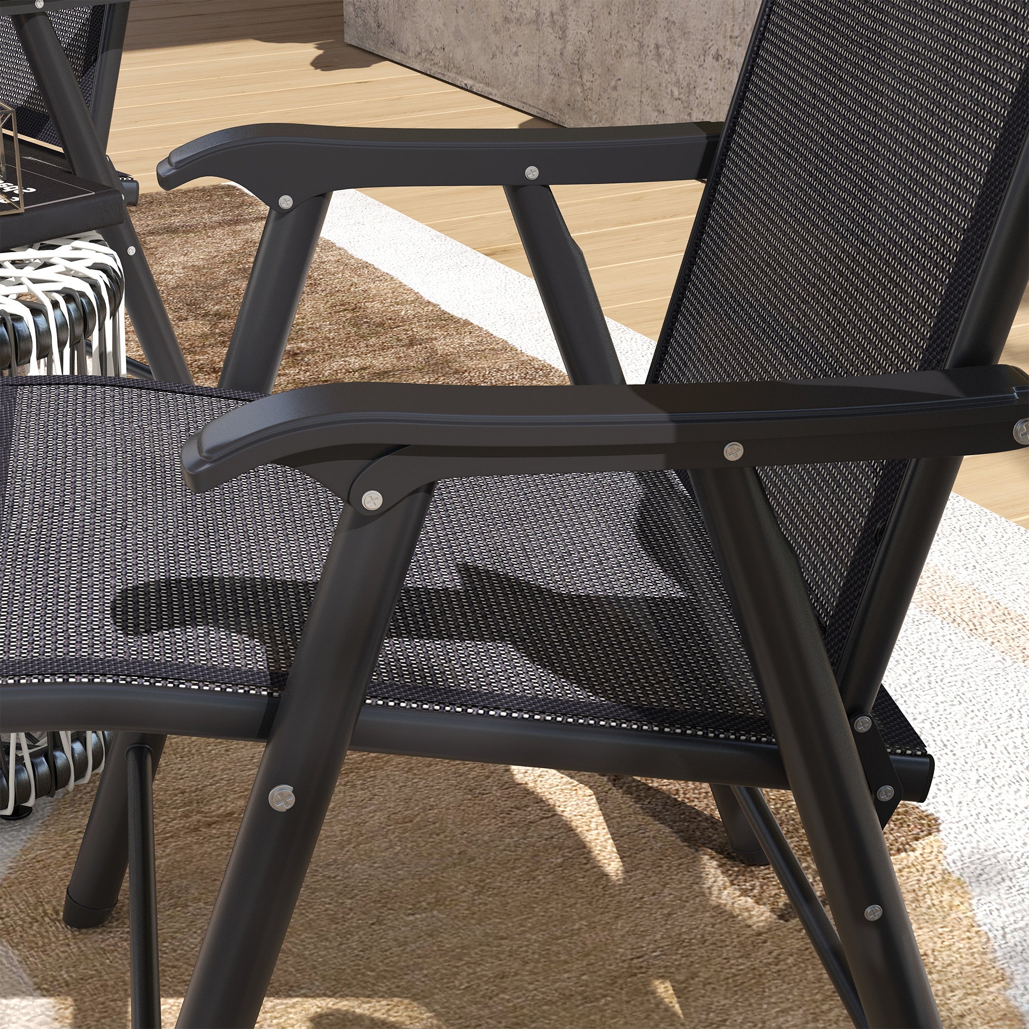 Outsunny Set of 4 Folding Garden Chairs, Metal Frame Garden Chairs Outdoor Patio Park Dining Seat with Breathable Mesh Seat, Dark Grey - North Peak Garden Furniture