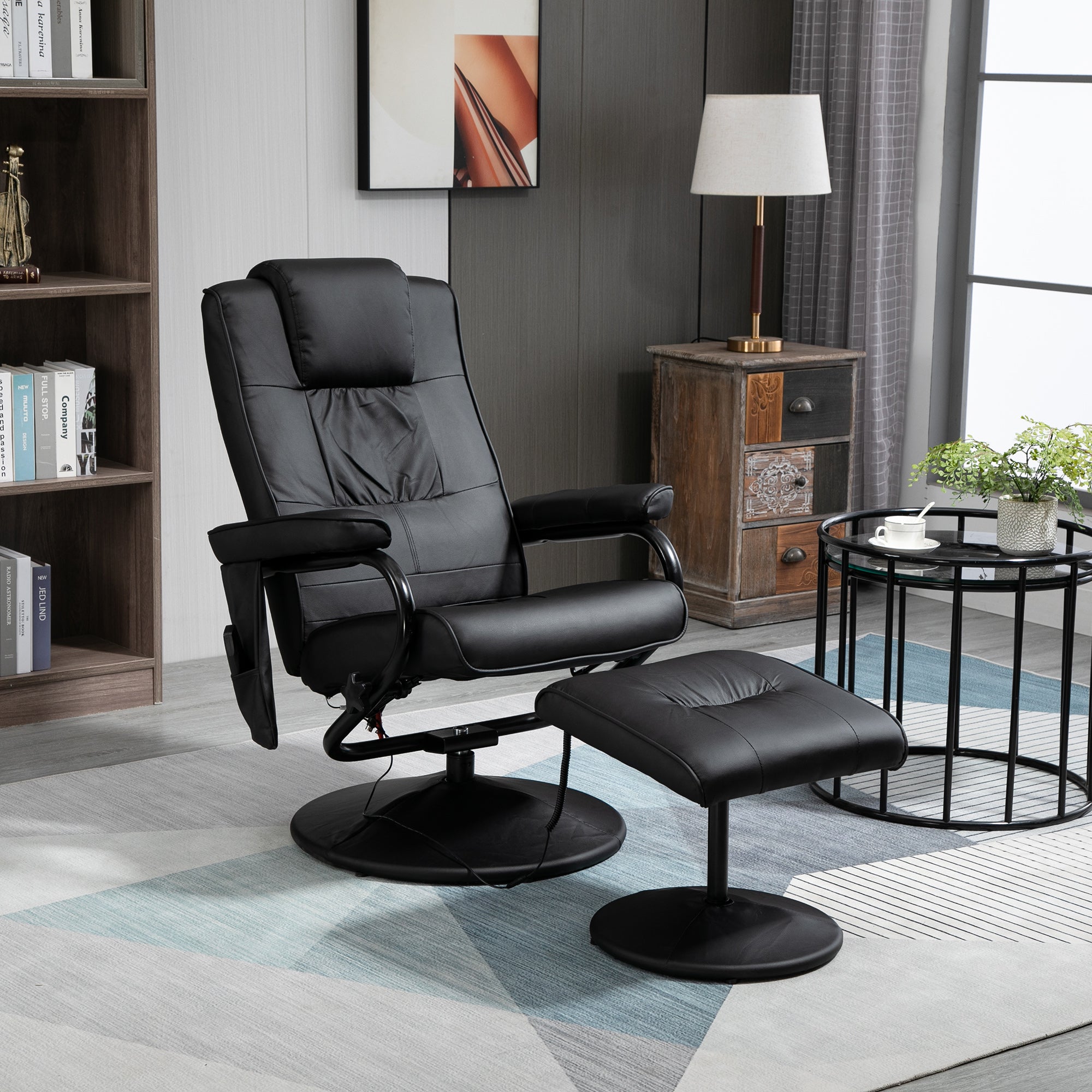 HOMCOM Swivel Recliner Chair and Footstool, Faux Leather Massage Recliner Armchair with Remote Control and Round Wrapped Base, Black