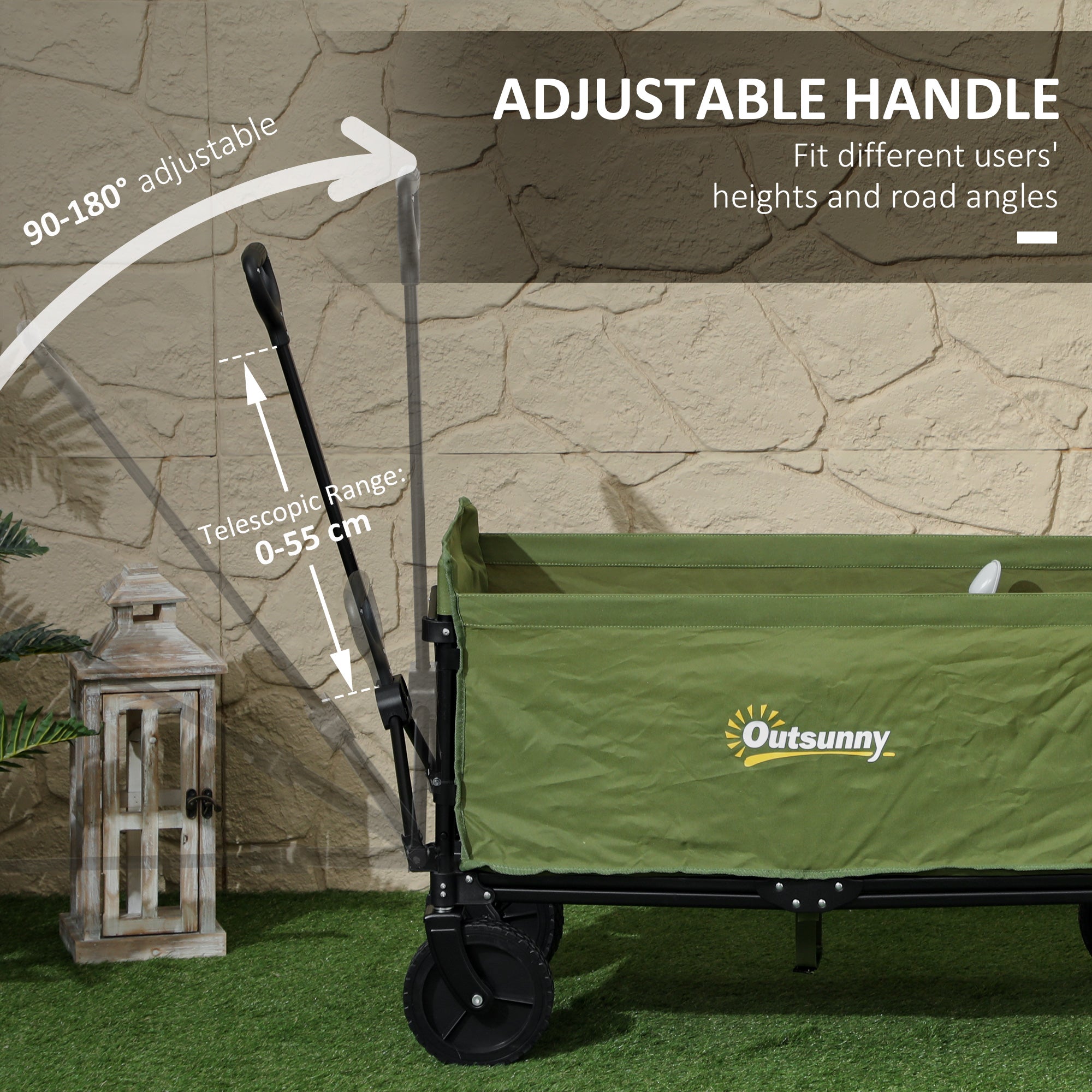 Outsunny 120L Folding Garden Trolley Cart, Outdoor Collapsible Wagon with Wheels and Adjustable Handle for Beach, Camping, Festival, Green - North Peak Garden Furniture
