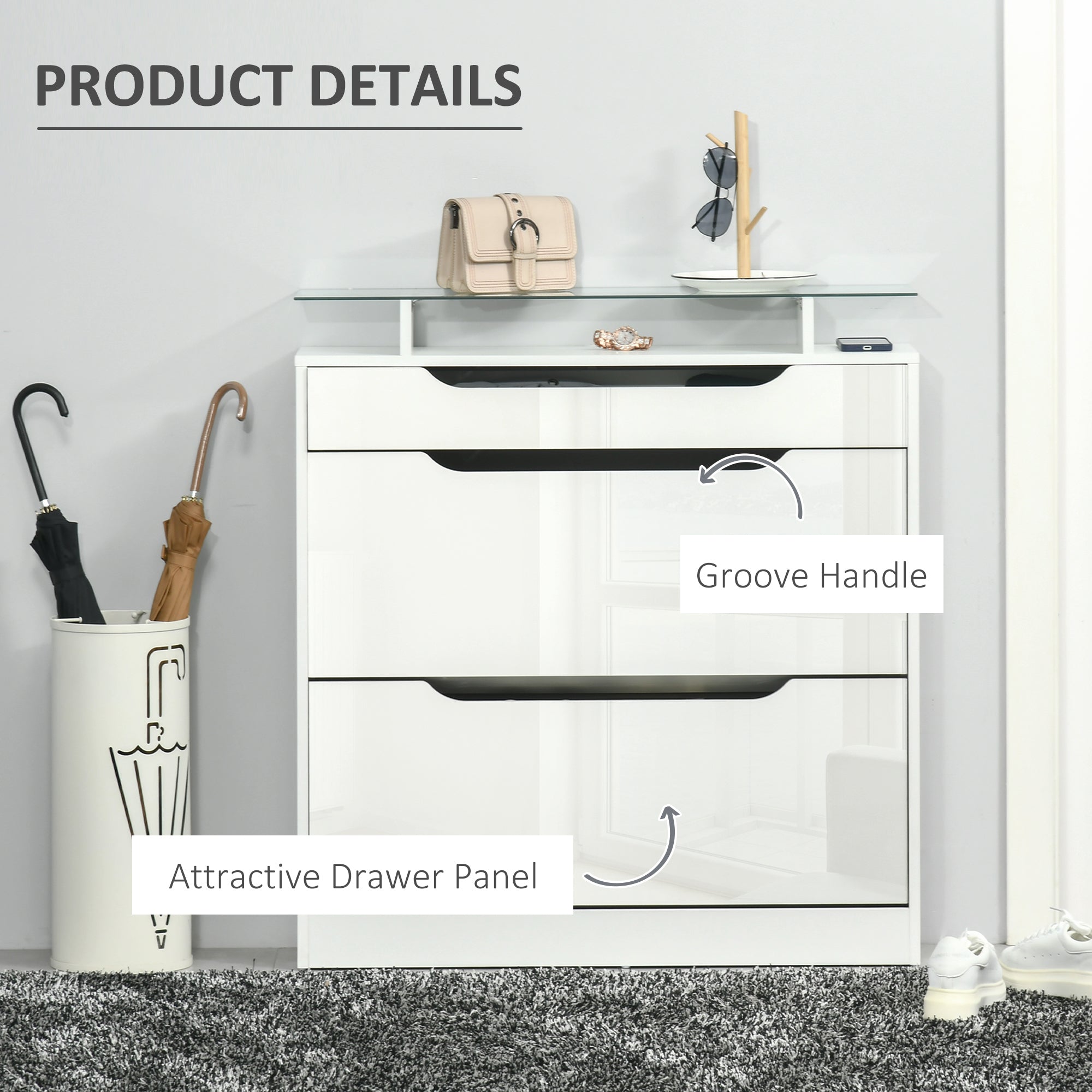 HOMCOM Shoe Storage Cabinet with Slide Out Drawer, 2 Flip Doors, Tempered Glass Top - White