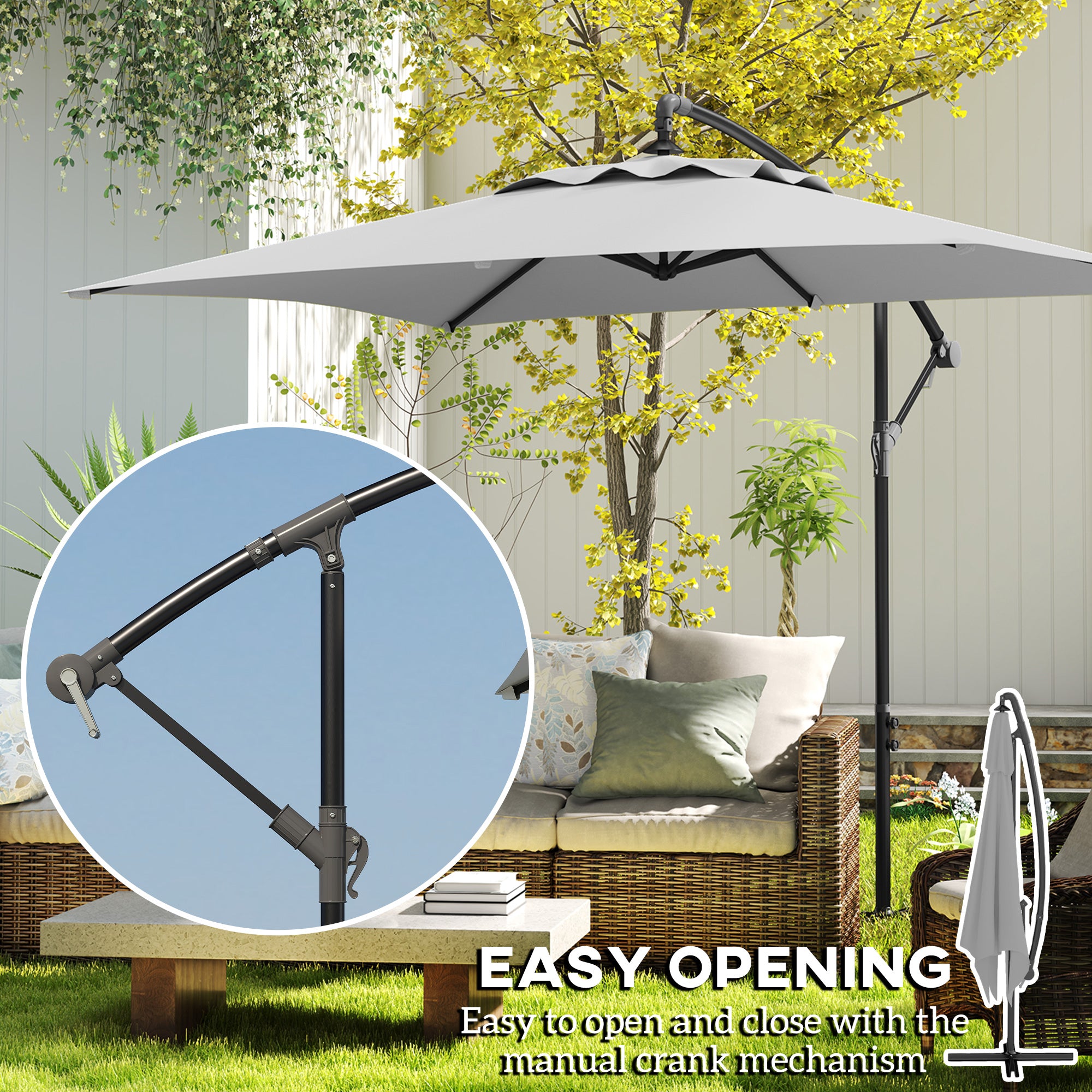 Outsunny 3(m) Cantilever Overhanging Parasol, with Cross Base - Light Grey - North Peak Garden Furniture