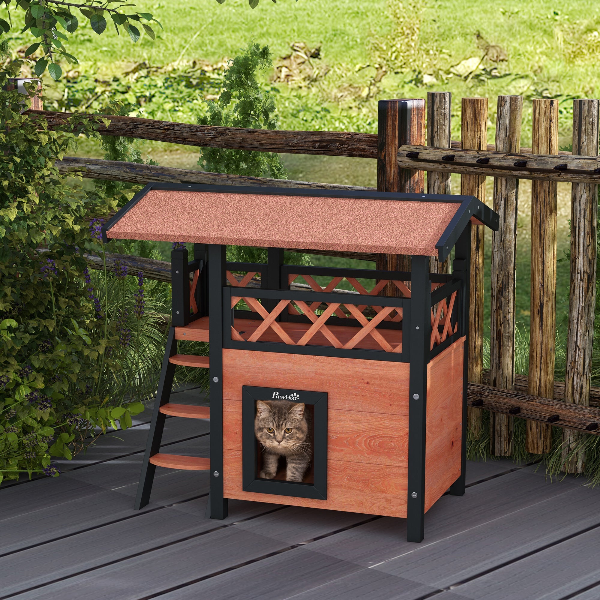 PawHut Cat House Outdoor w/ Balcony Stairs Roof, 77 x 50 x 73 cm, Brown - North Peak Garden Furniture
