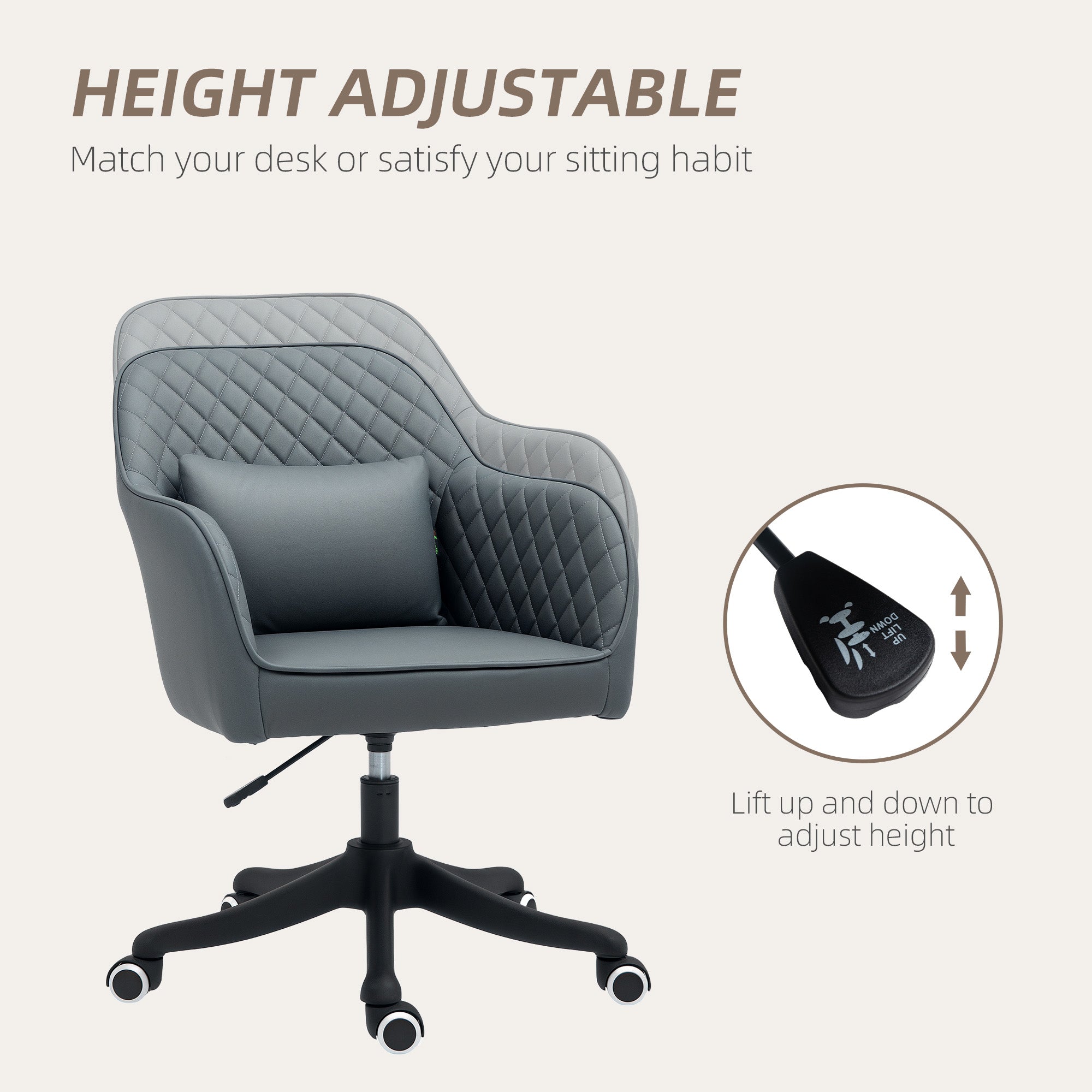 Vinsetto Microfiber Office Chair, Desk Chair, Makeup Vanity Chair with Massage Lumbar Pillow and Rolling Wheels for Bedroom and Home, Grey - North Peak Garden Furniture