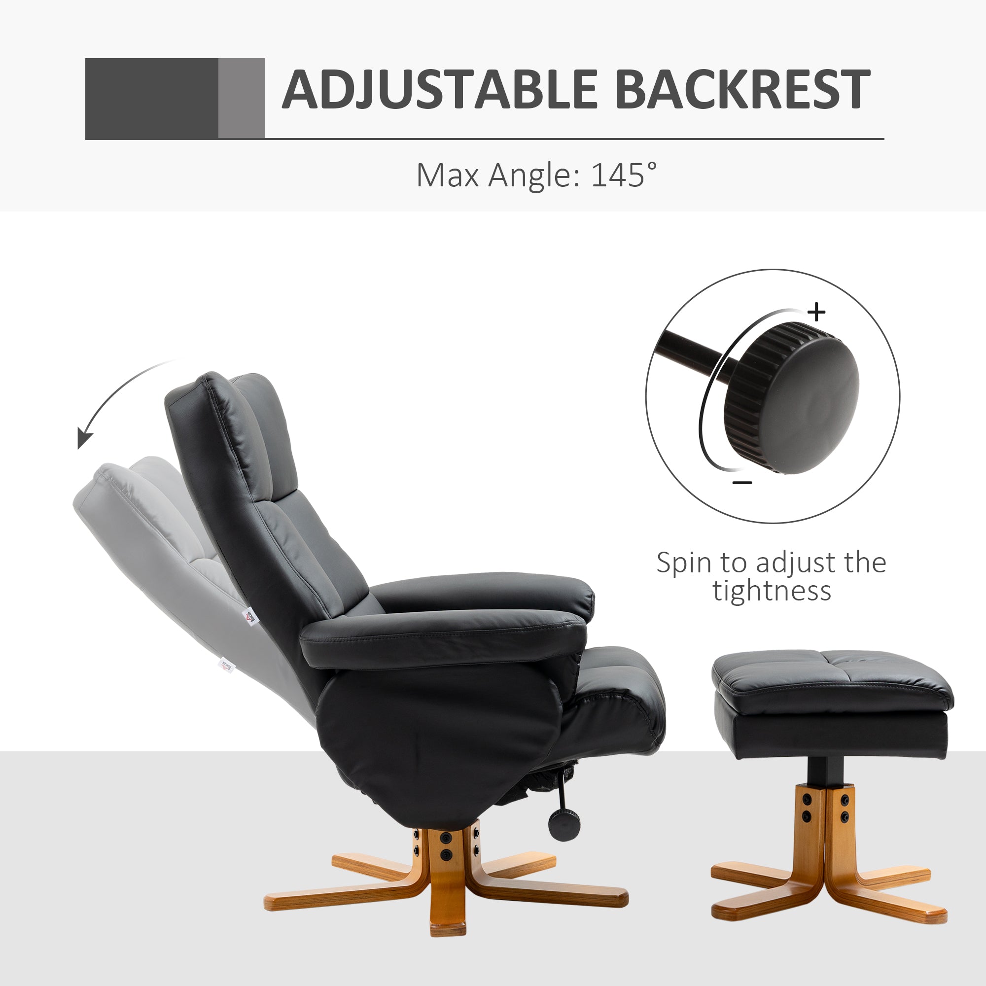 HOMCOM Recliner Armchair, Swivel Reclining Chair With Ottoman, Swivel Faux Leather Chair with Wooden Base and Storage Footstool for Living Room, Black - North Peak Garden Furniture