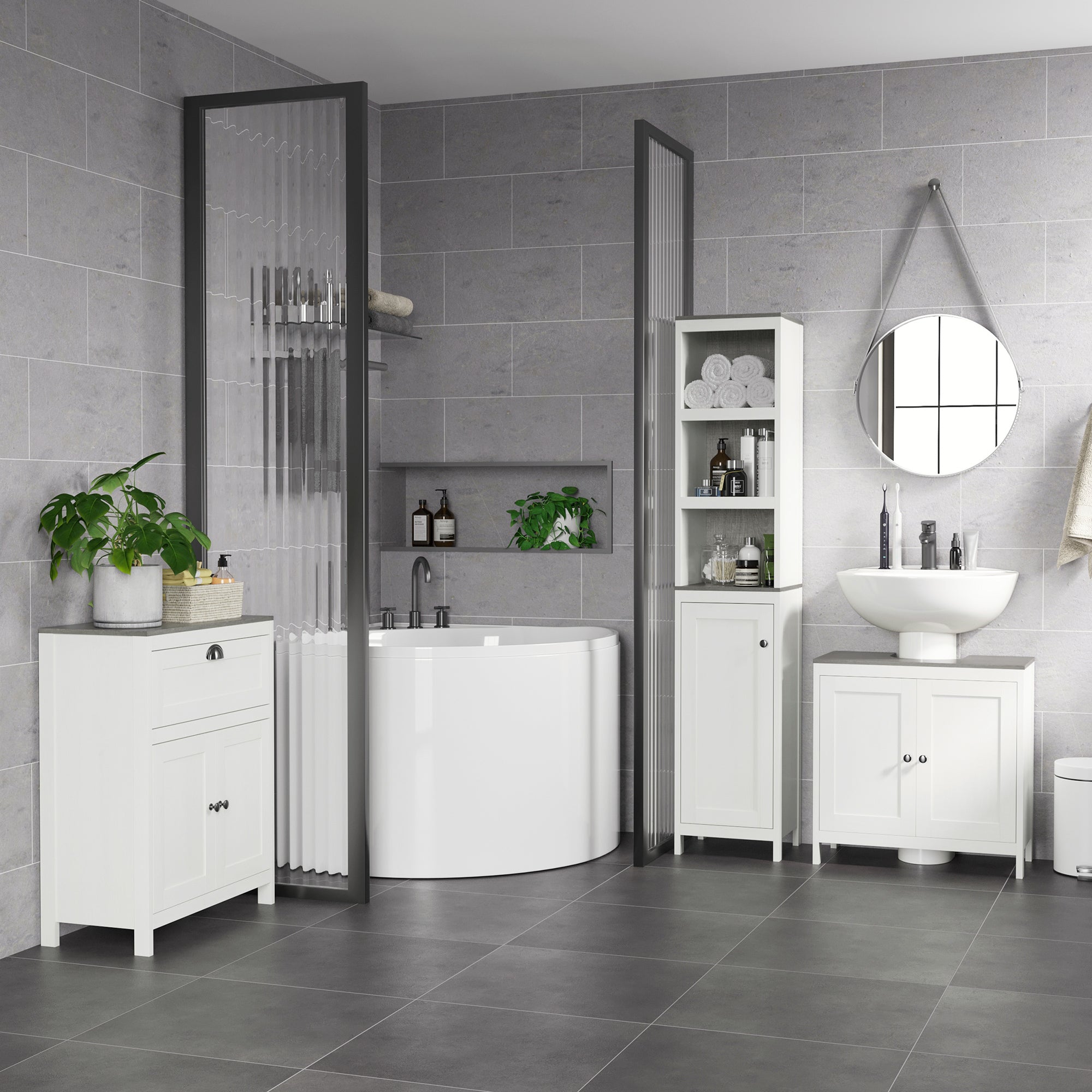 kleankin Modern Bathroom Sink Cabinet, Floor Standing Under Sink Cabinet, Freestanding Storage Cupboard with Adjustable Shelf, Double Doors, Antique White - North Peak Garden Furniture