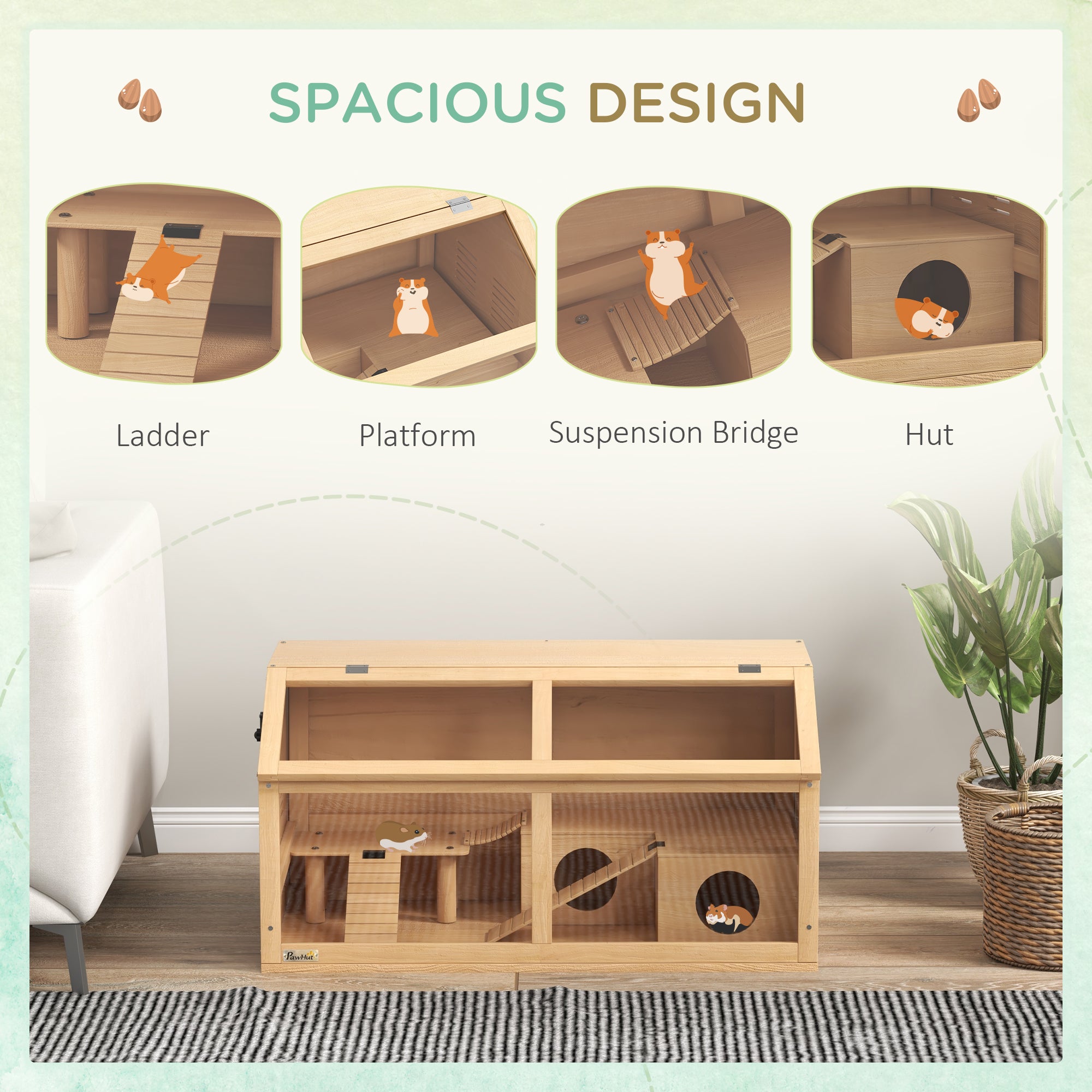 PawHut Hamster Cage, Wooden Small Animal Cage for Gerbils, Mice w/ Suspension Bridge, Openable Top, Hut, 85 x 45 x 44cm Nature - North Peak Garden Furniture
