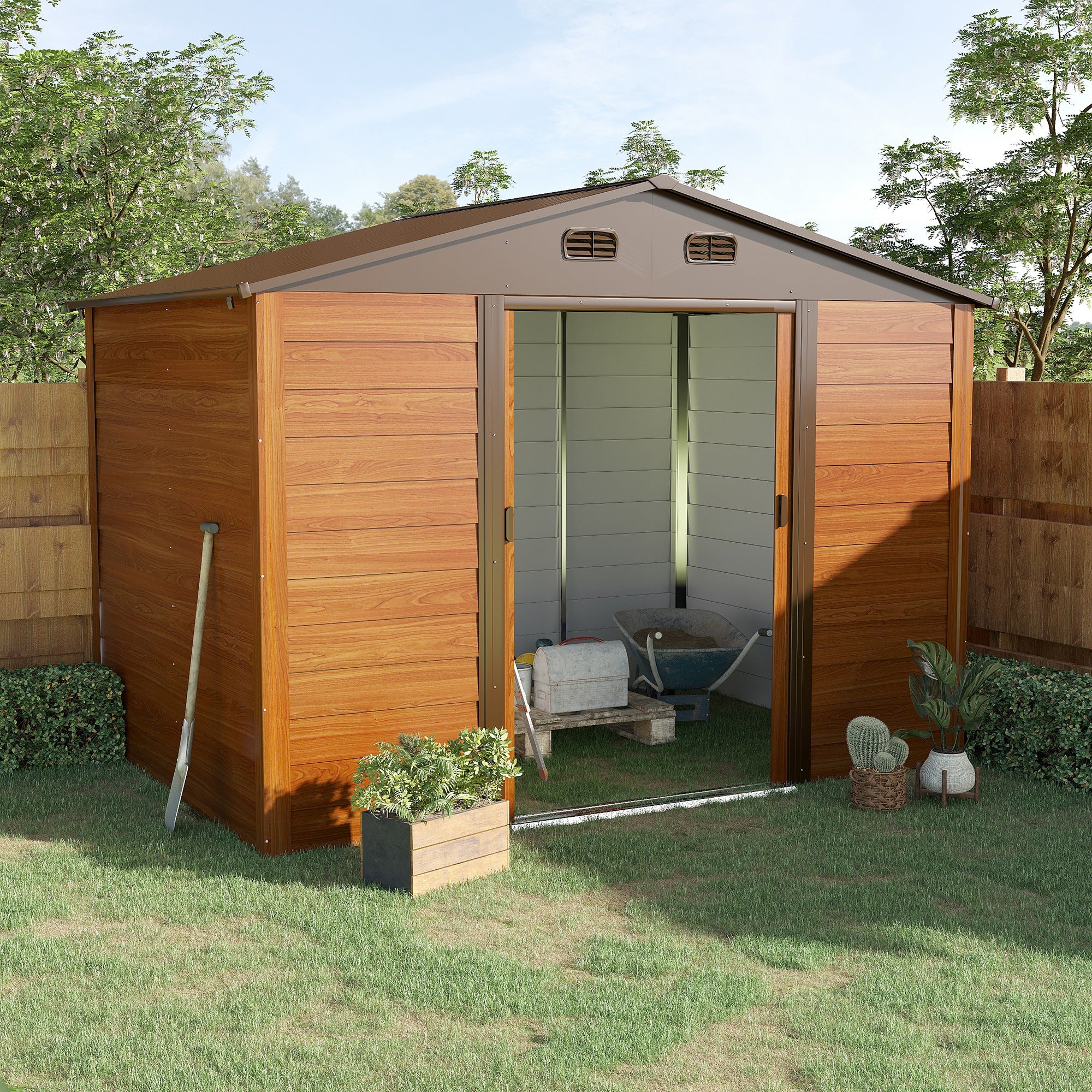 Outsunny 9 x 6ft Garden Shed, Metal Storage Tool House Gardening Tool Storage with Shutter Vents, Brown - North Peak Garden Furniture