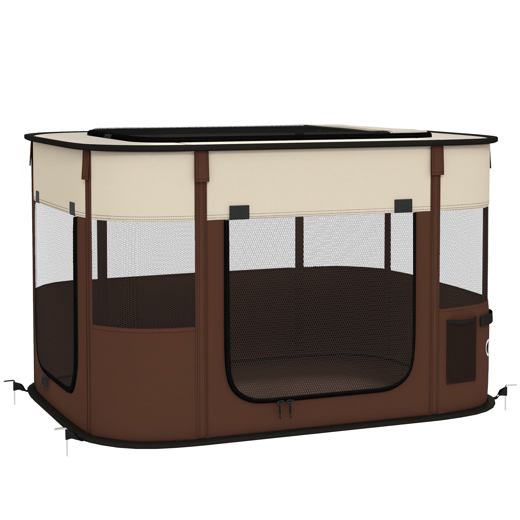 PawHut Foldable Dog Pen with Storage Bag for Indoor/Outdoor Use, Portable Pet playpen, with Ground Stakes - Brown - North Peak Garden Furniture