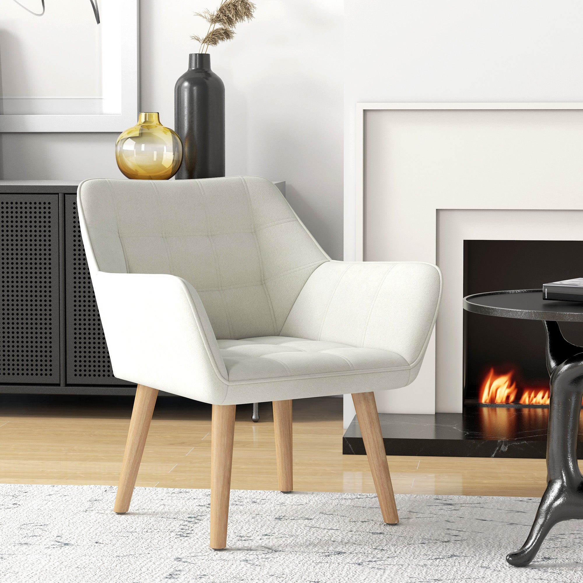 HOMCOM Accent Chair, Arm Chair with Wide Arms, Slanted Back, Thick Padding and Rubber Wooden Legs for Living Room, Cream White - North Peak Garden Furniture