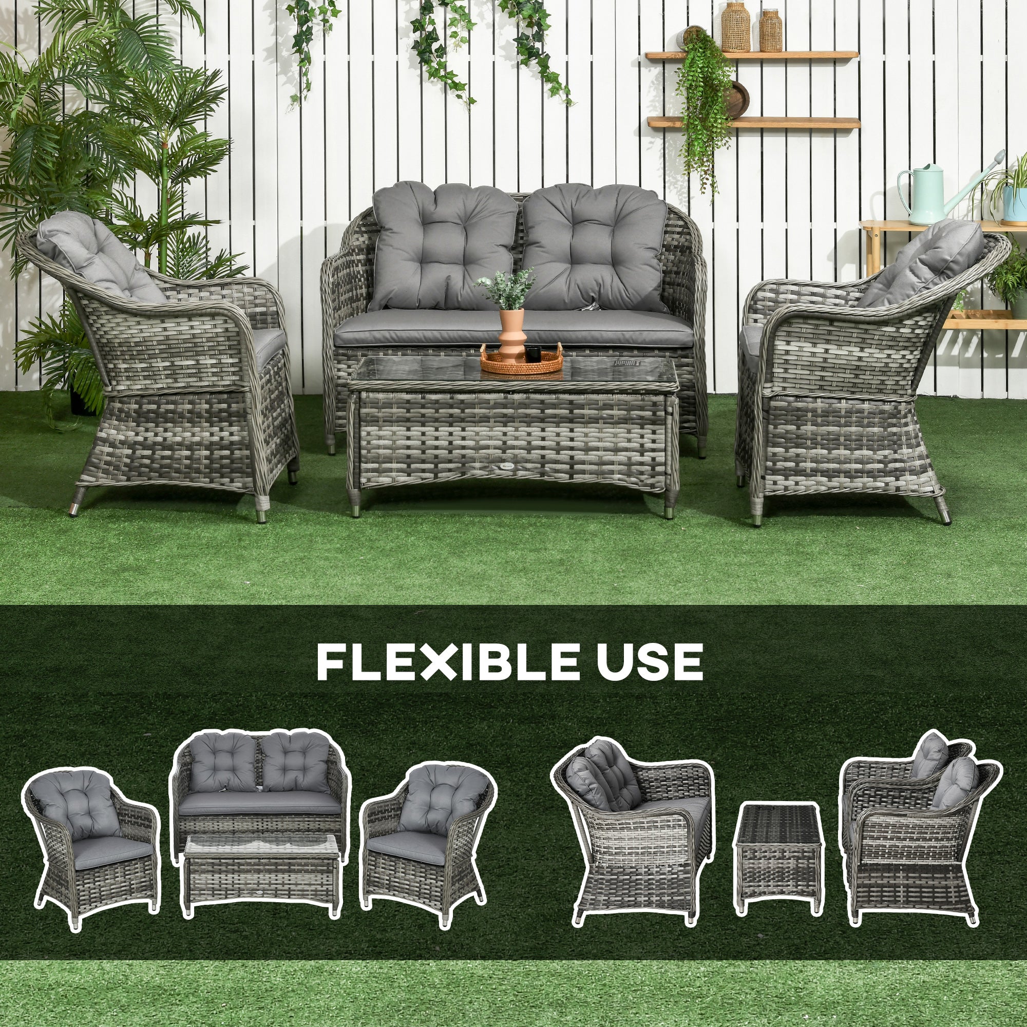 Outsunny 4 Pieces Outdoor PE Rattan Garden Furniture with Cushions, Patio Special Hand Weave Wicker Conservatory Sofa Set with Glass Top Coffee Table, Mixed Grey - North Peak Garden Furniture