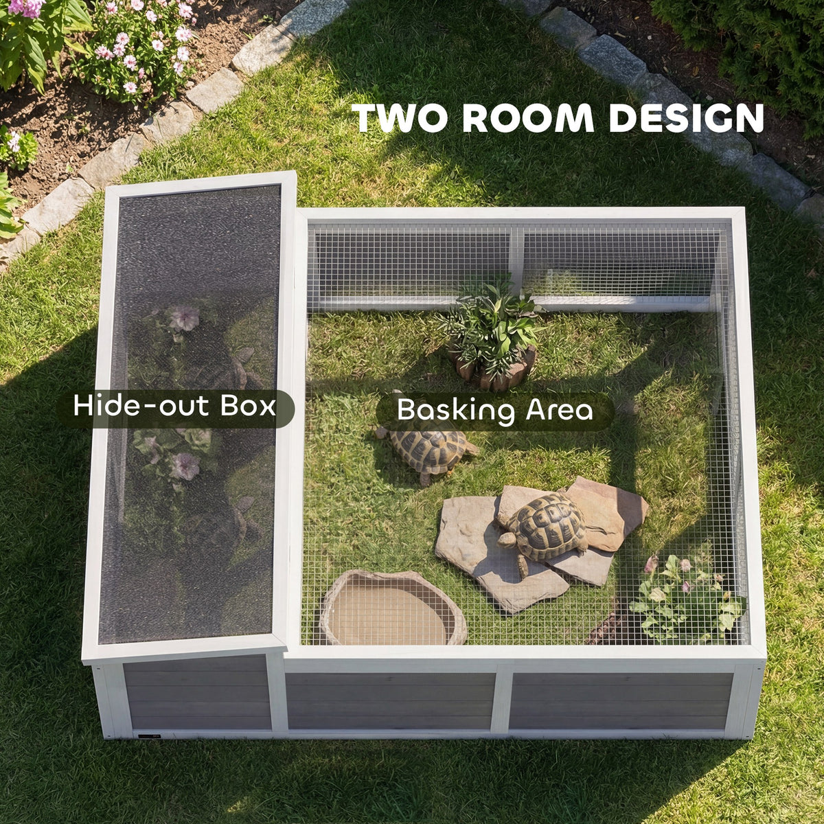 PawHut Wooden Tortoise House, Tortoise Enclosure with Clear Observation Window, Top Opening, Multiple Doors, Galvanised Mesh