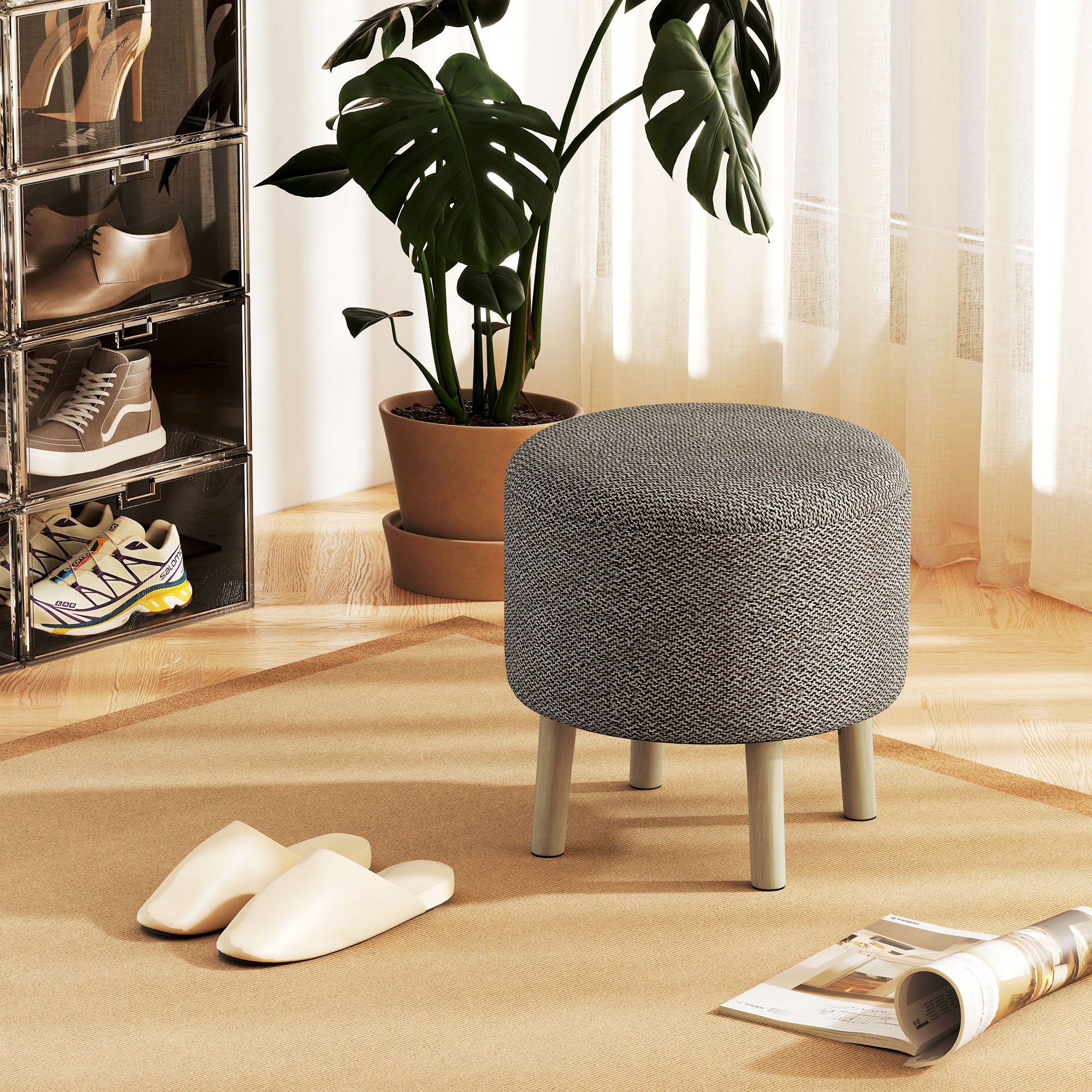 HOMCOM Round Linen-Look Storage Ottoman - Light Grey - North Peak Garden Furniture