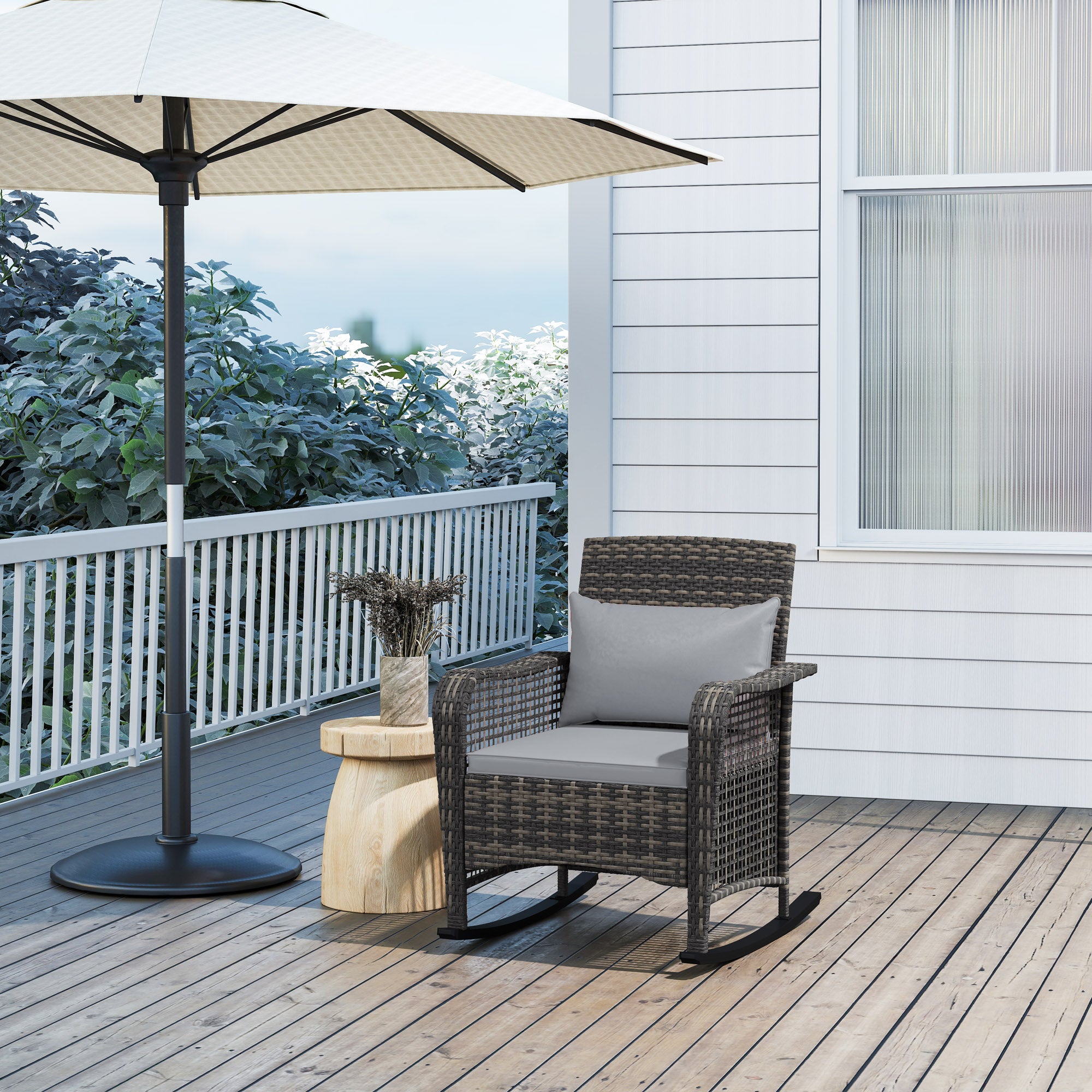 Outsunny Garden Rocking Chair, Outdoor Rattan Rocker Lounge Chair with Seat and Back Cushions, Patio Armchair Seat with All-weather Wicker, Steel Frame for Porch Balcony, Light Grey - North Peak Garden Furniture