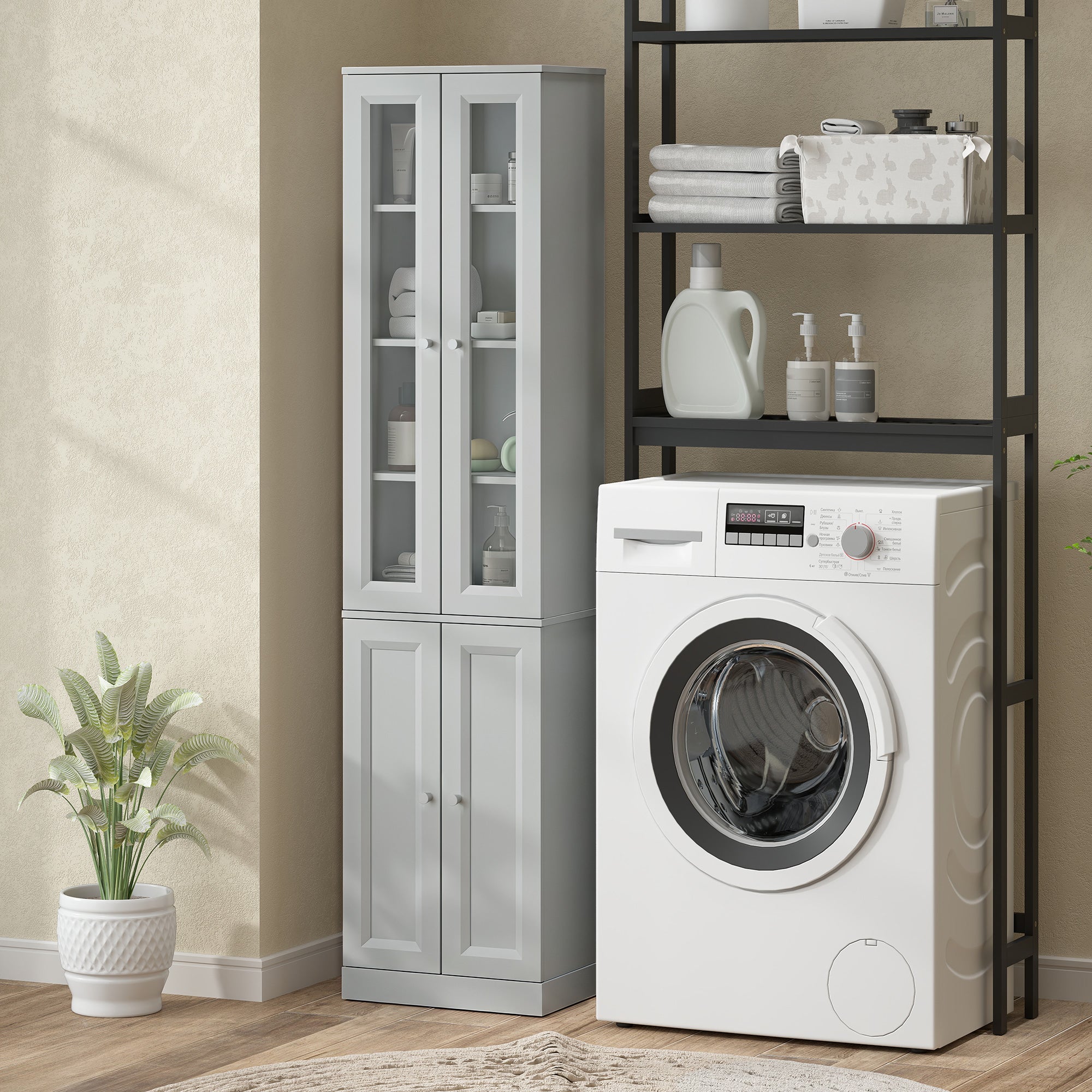 HOMCOM Tall Bathroom Storage Cabinet, 6-Tier Slim Bathroom Cabinet with Adjustable Shelf, 4 Soft-Close Doors, Dusty Blue
