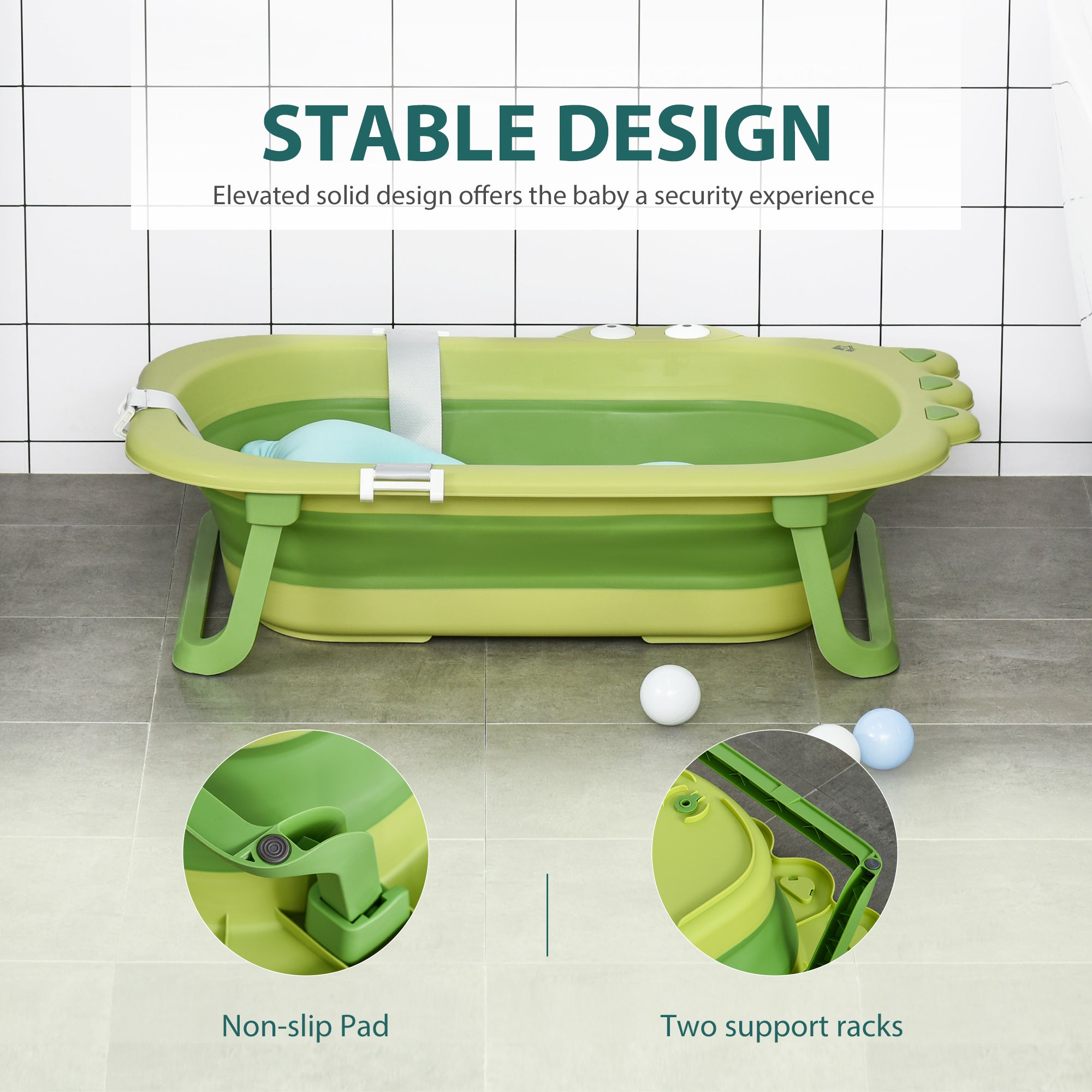 HOMCOM Baby Bath Tub for Toddler Kids Infant Ergonomic Foldable Secure Non-Slip Portable with Baby Cushion for 0-3 Years Green - North Peak Garden Furniture
