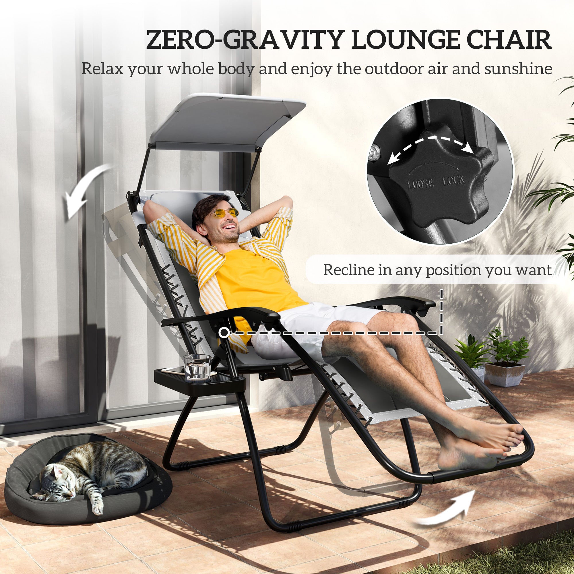 Outsunny Zero Gravity Lounger Chair Set of 2, Folding Reclining Patio Chair with Shade Cover, Padded Seat, Cup Holder, Soft Cushion and Headrest for Poolside, Camping, Light Grey - North Peak Garden Furniture