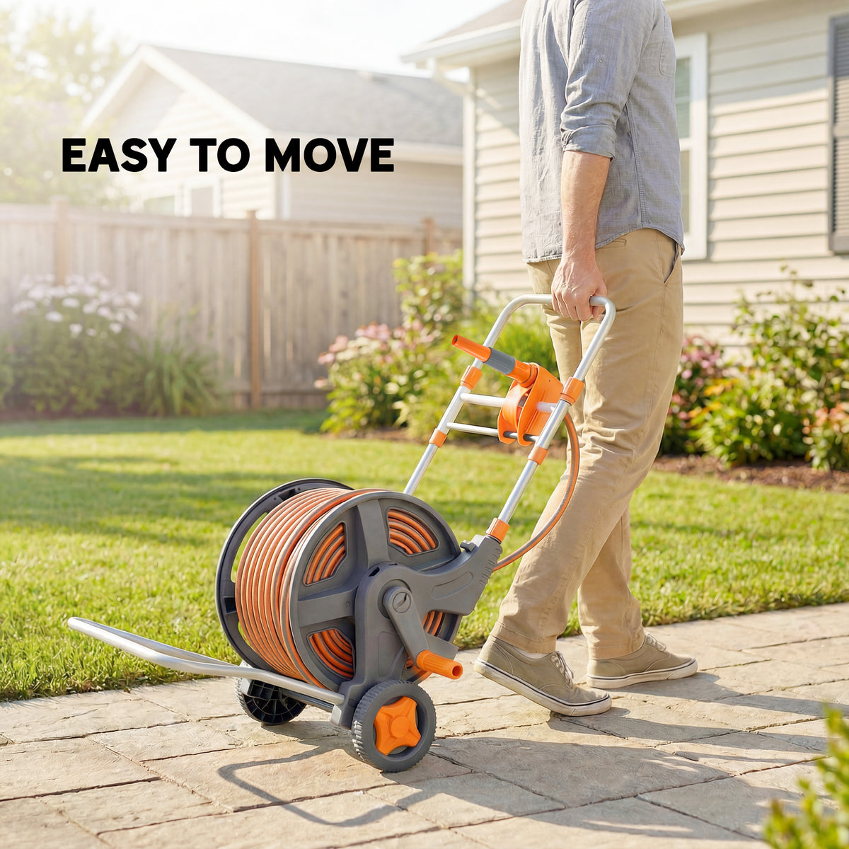 Outsunny Hose Reel Cart with Wheels, 45+2m Garden Hose Reel with 2 Patterns Nozzle, Faucet Adaptors and Rewind Handle, Orange