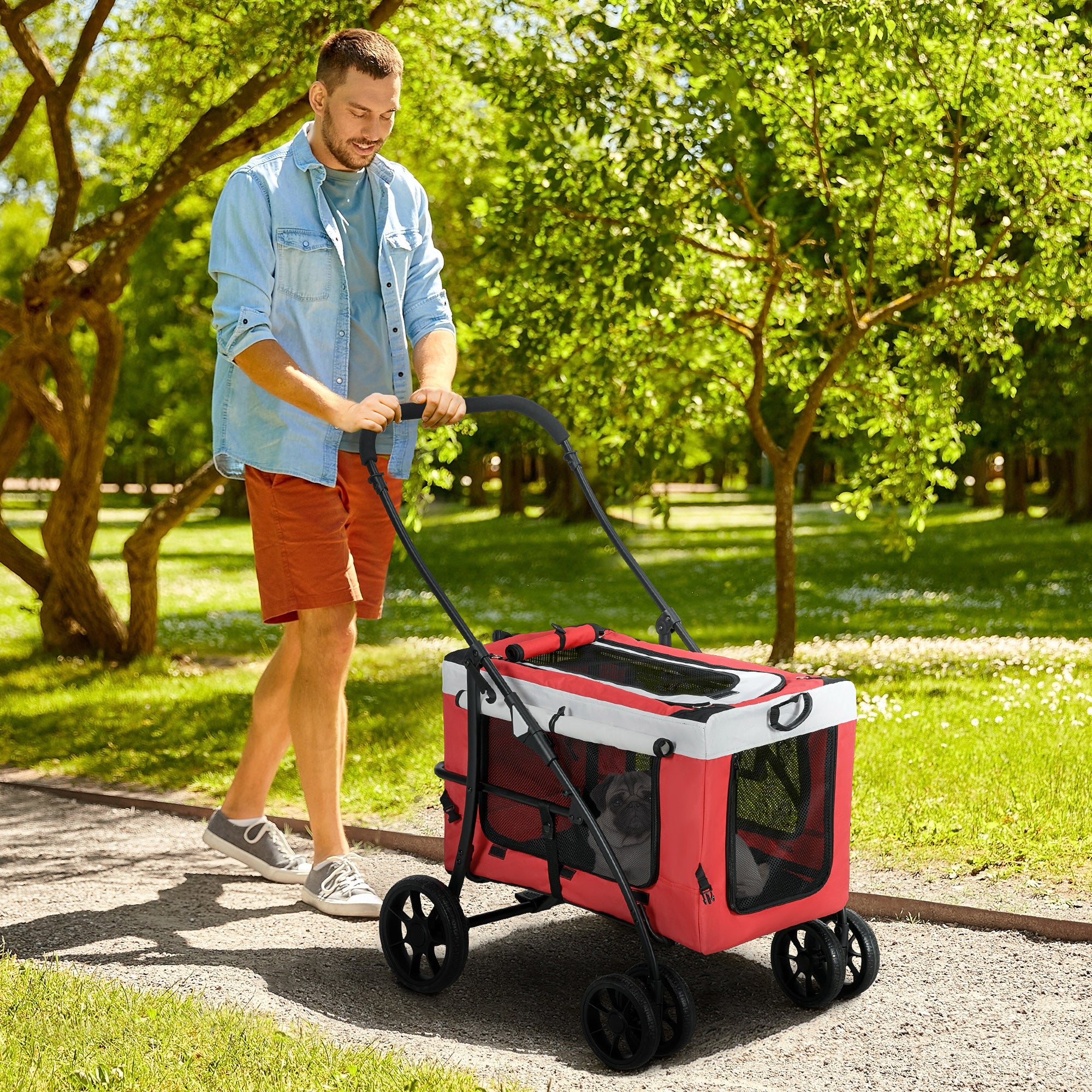 PawHut Foldable Dog Stroller, Pet Travel Crate, with Detachable Carrier, Soft Padding, for Mini, Small Dogs - Red - North Peak Garden Furniture