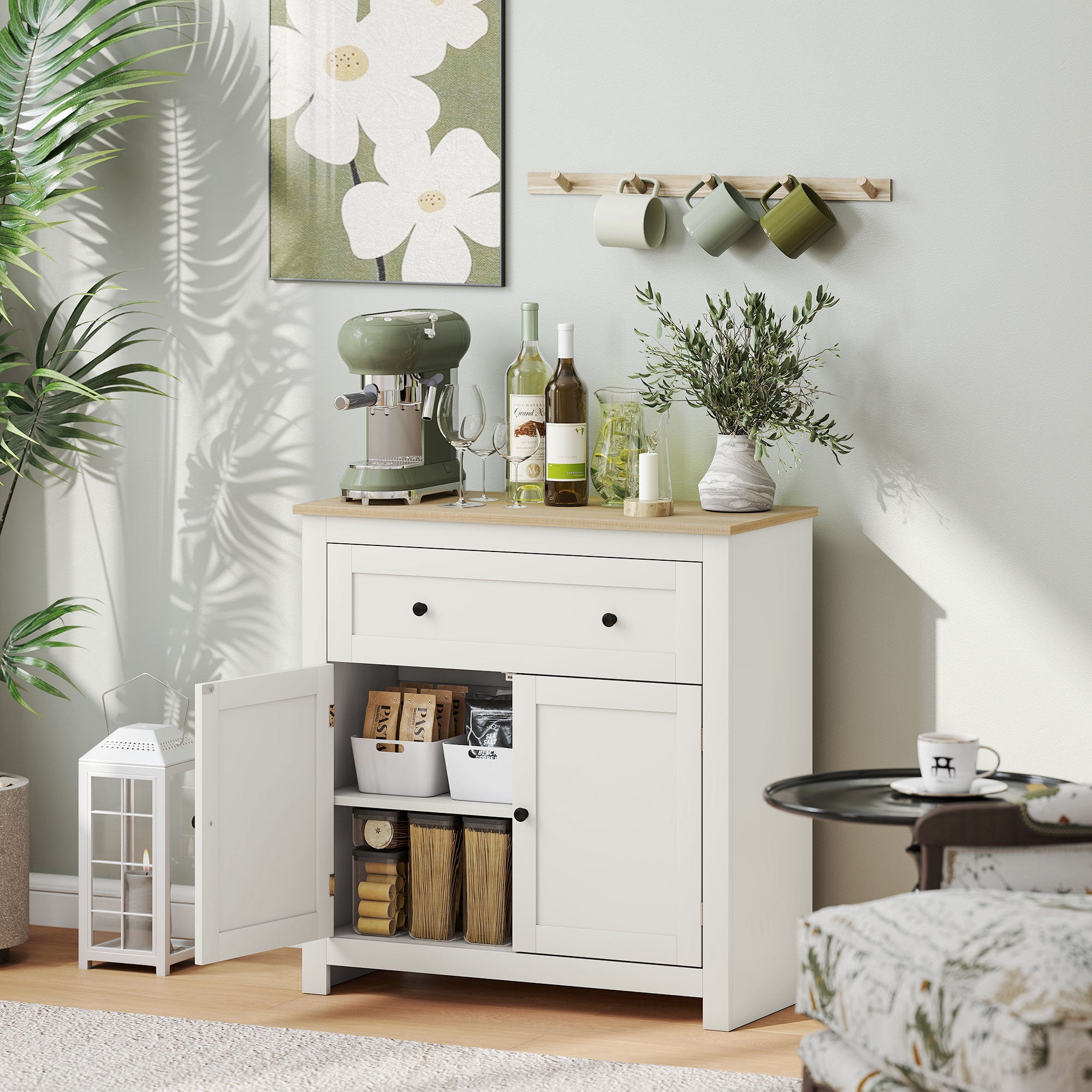 HOMCOM Sideboard Storage Cabinet, Modern Kitchen Cupboard with Adjustable Shelf, Drawer and Double Doors, Cream White