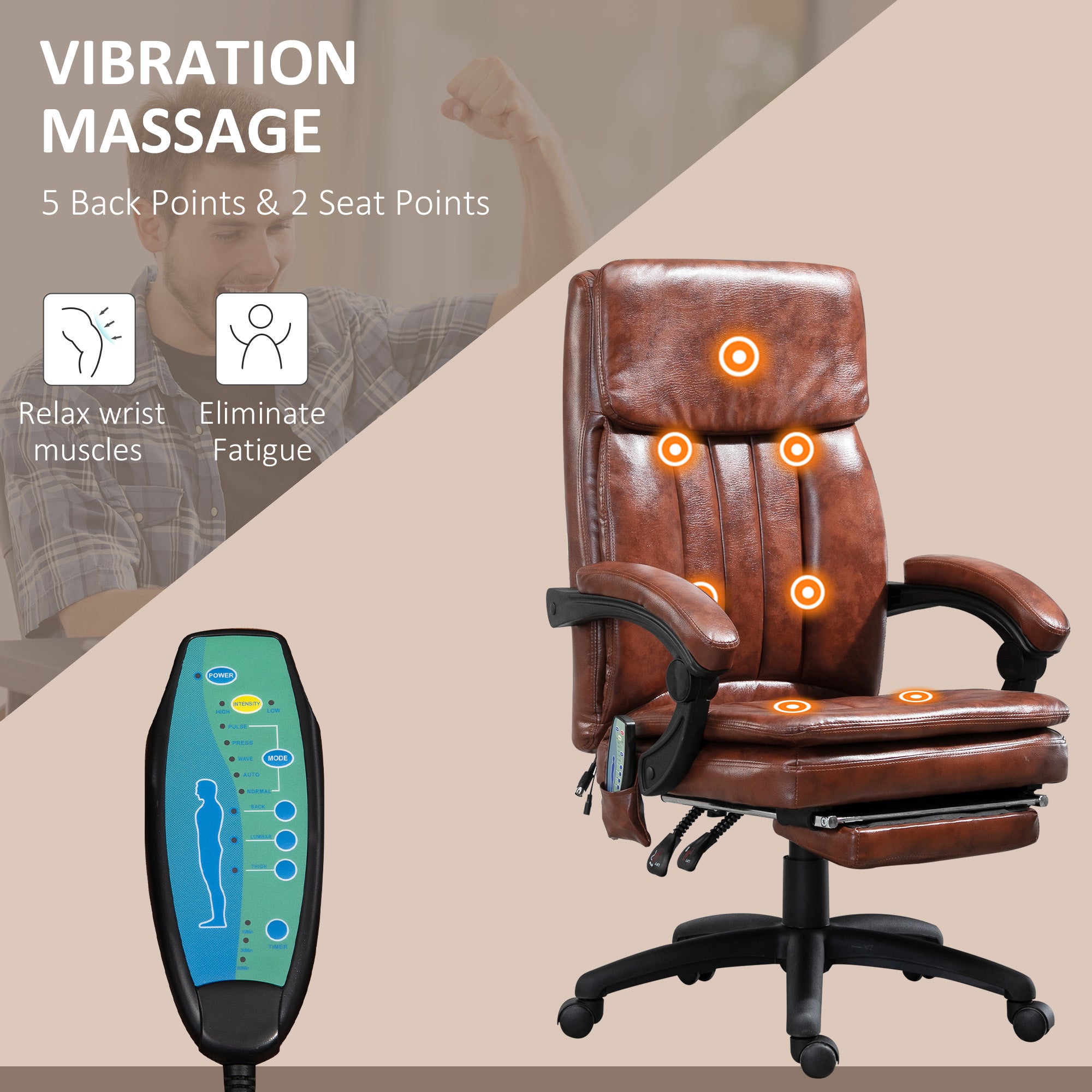 Vinsetto PU Leather Office Chair with 7 Point Vibrating Massage, Computer Desk Chair with Footrest, Adjustable Height, Reclining Back, Brown - North Peak Garden Furniture