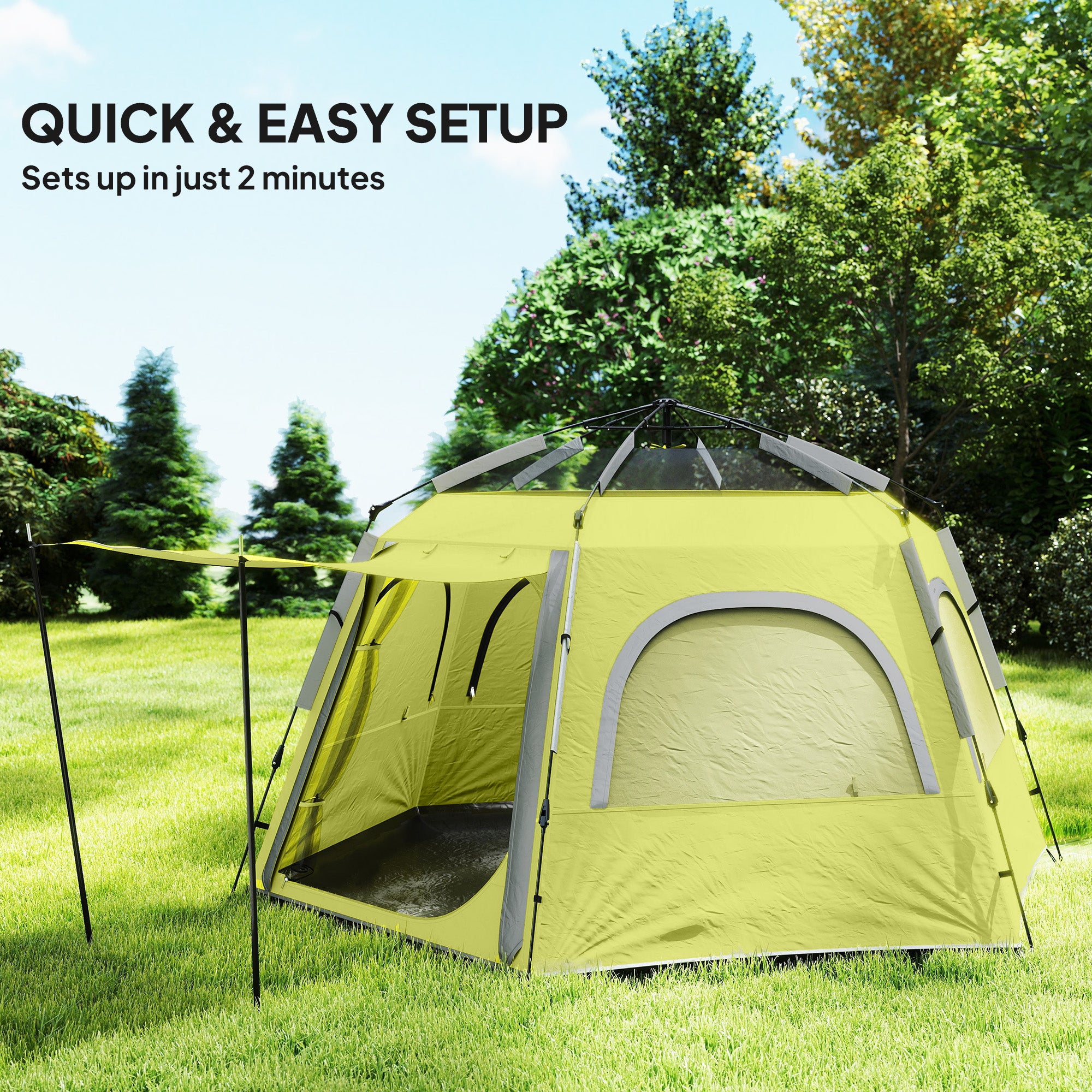 Outsunny Instant Camping Tent, 2/3/4 Person Easy Setup Family Tent with Vestibule, Rainfly, 4 Mesh Windows & 2 Doors, Hexagonal Design, Waterproof UV Protected Dome Tent, Yellow Green - North Peak Garden Furniture