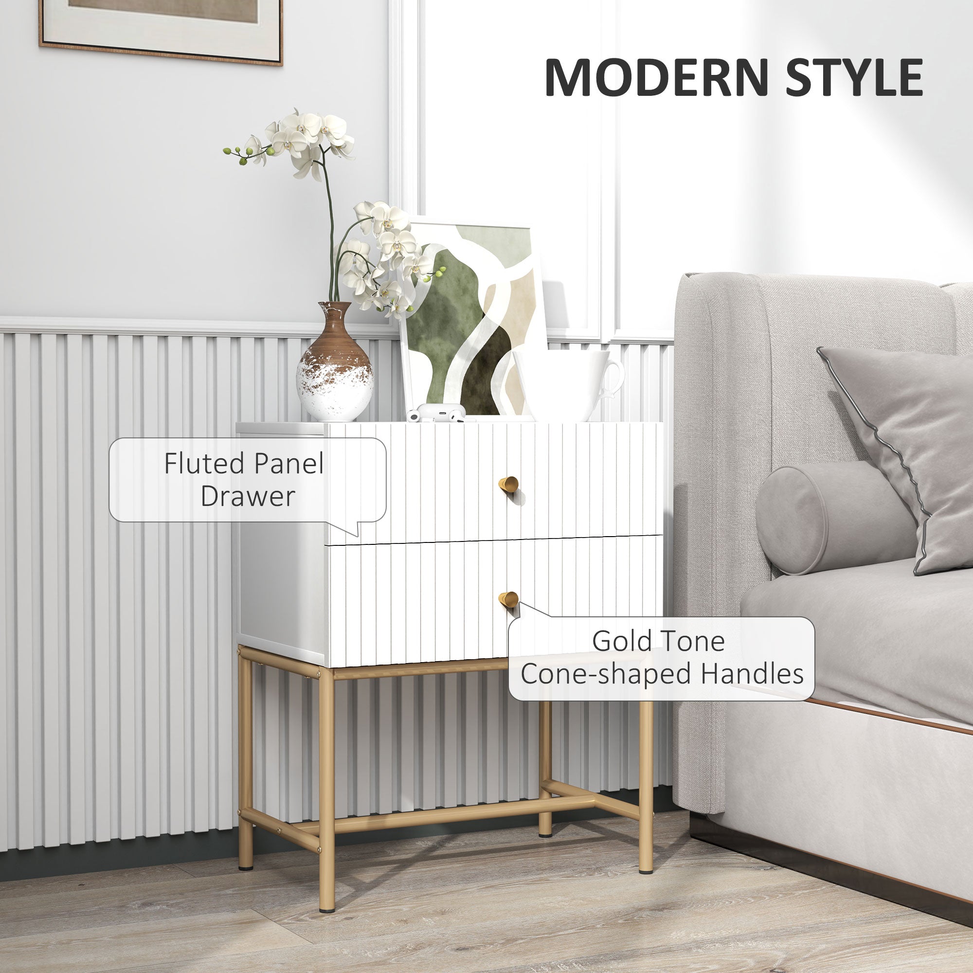 HOMCOM Elegant Two-Drawer Bedside Table - White - North Peak Garden Furniture