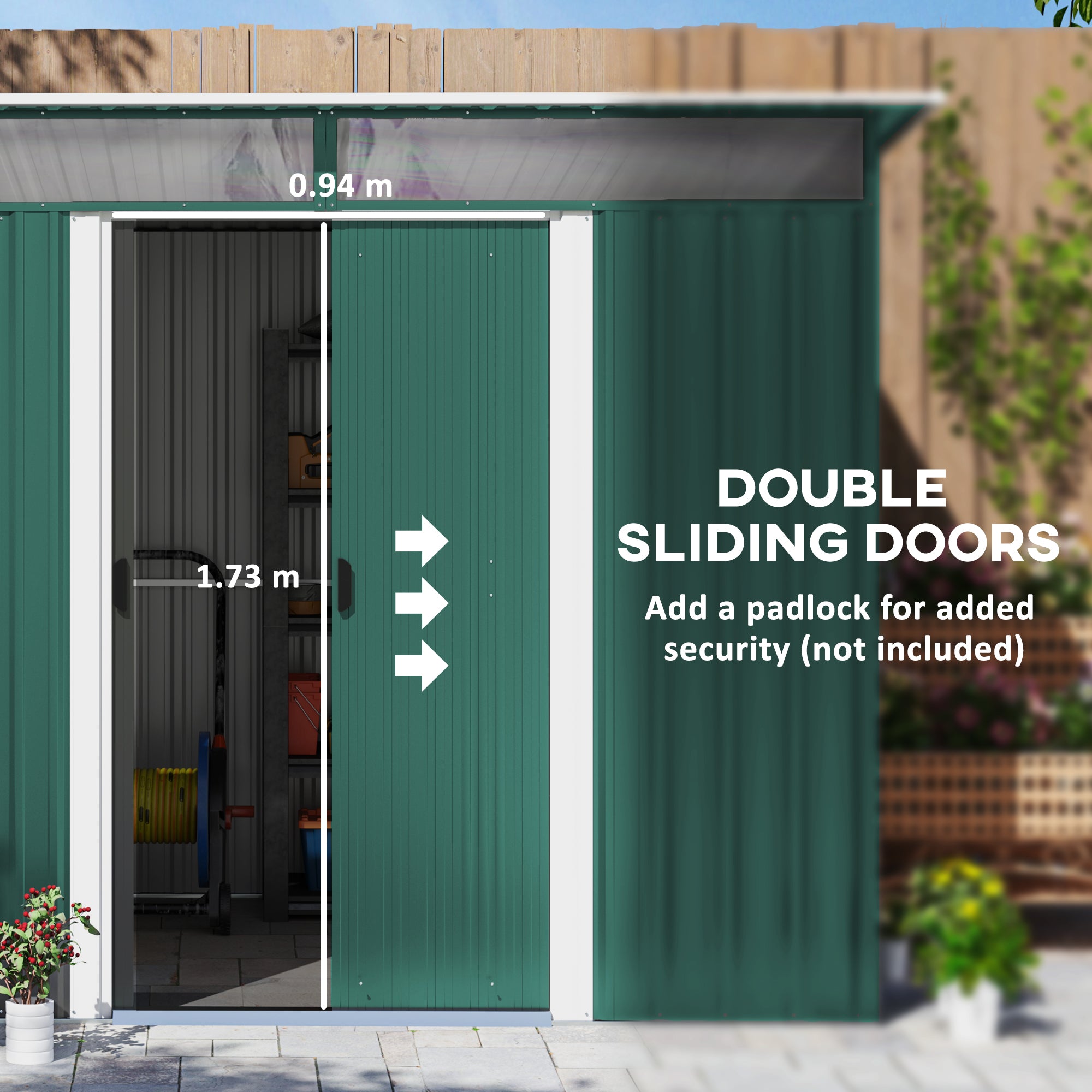Outsunny 8.5 x 6ft Metal Shed with Lightsky Panels, Garden Storage Tool House with Double Doors for Garden, Patio and Lawn, Green - North Peak Garden Furniture
