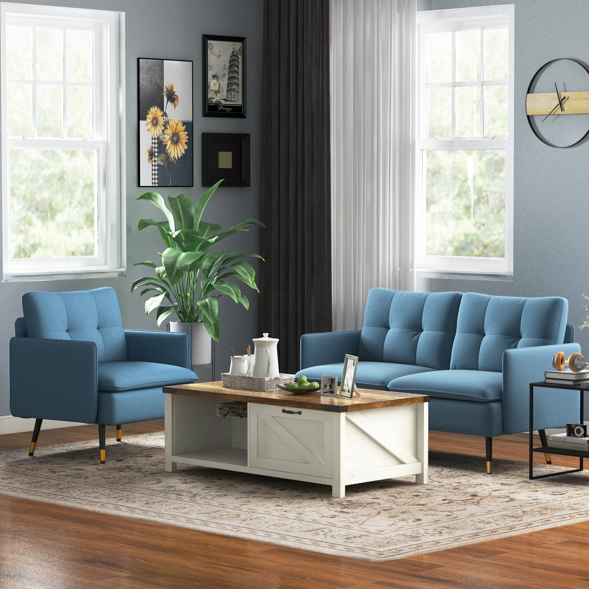 HOMCOM Modern Two Seater Sofa, Button Tufted Loveseat with Cushions and Steel Legs for Living Room, Guest Room, Dark Blue