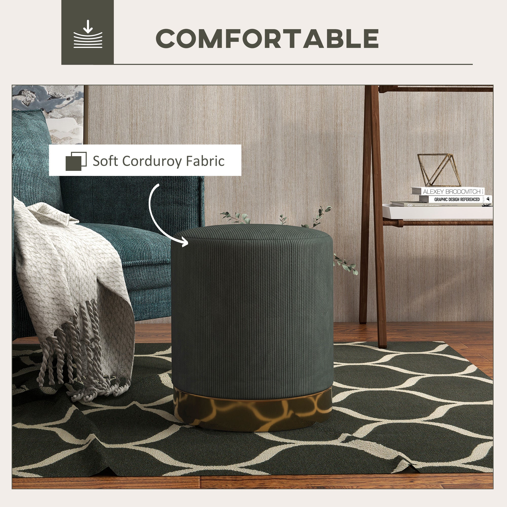 HOMCOM Soft Padded Corduroy Footstool - Dark Green - North Peak Garden Furniture