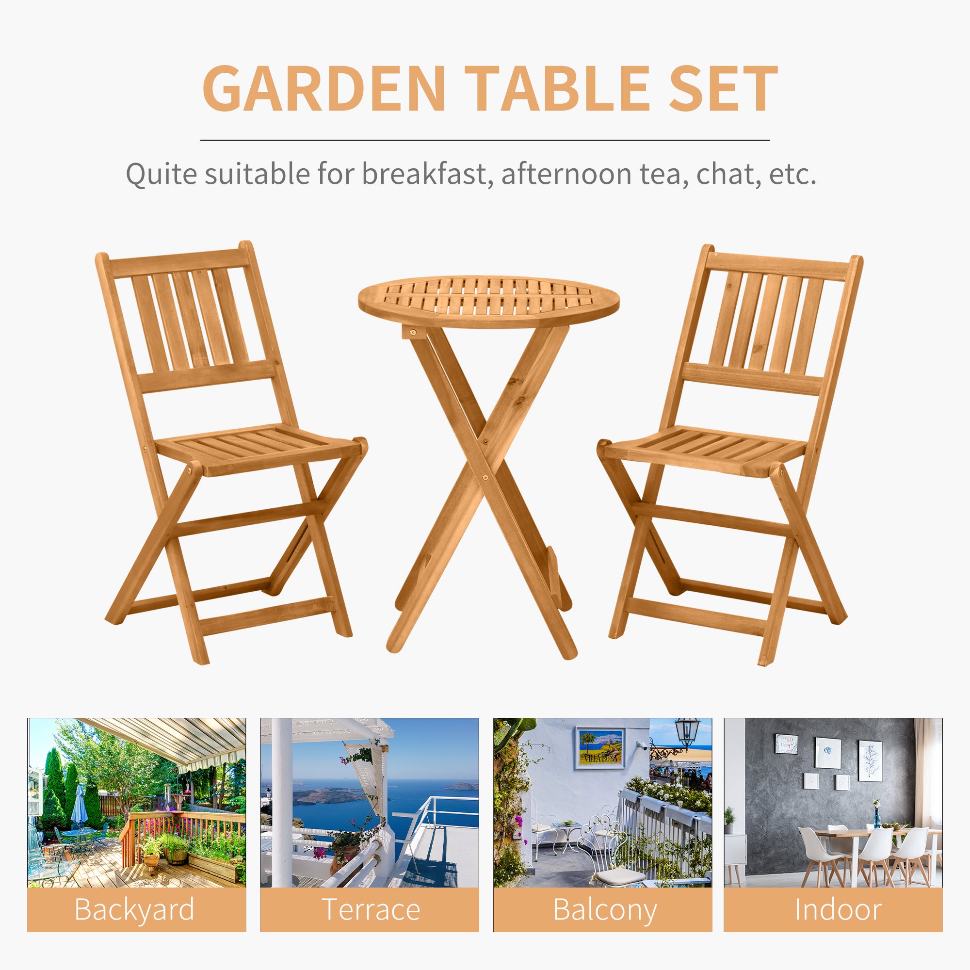 Outsunny 3 Piece Folding Bistro Set, Wooden Garden Table and Chairs for Outdoor, Patio, Yard, Porch, Teak - North Peak Garden Furniture
