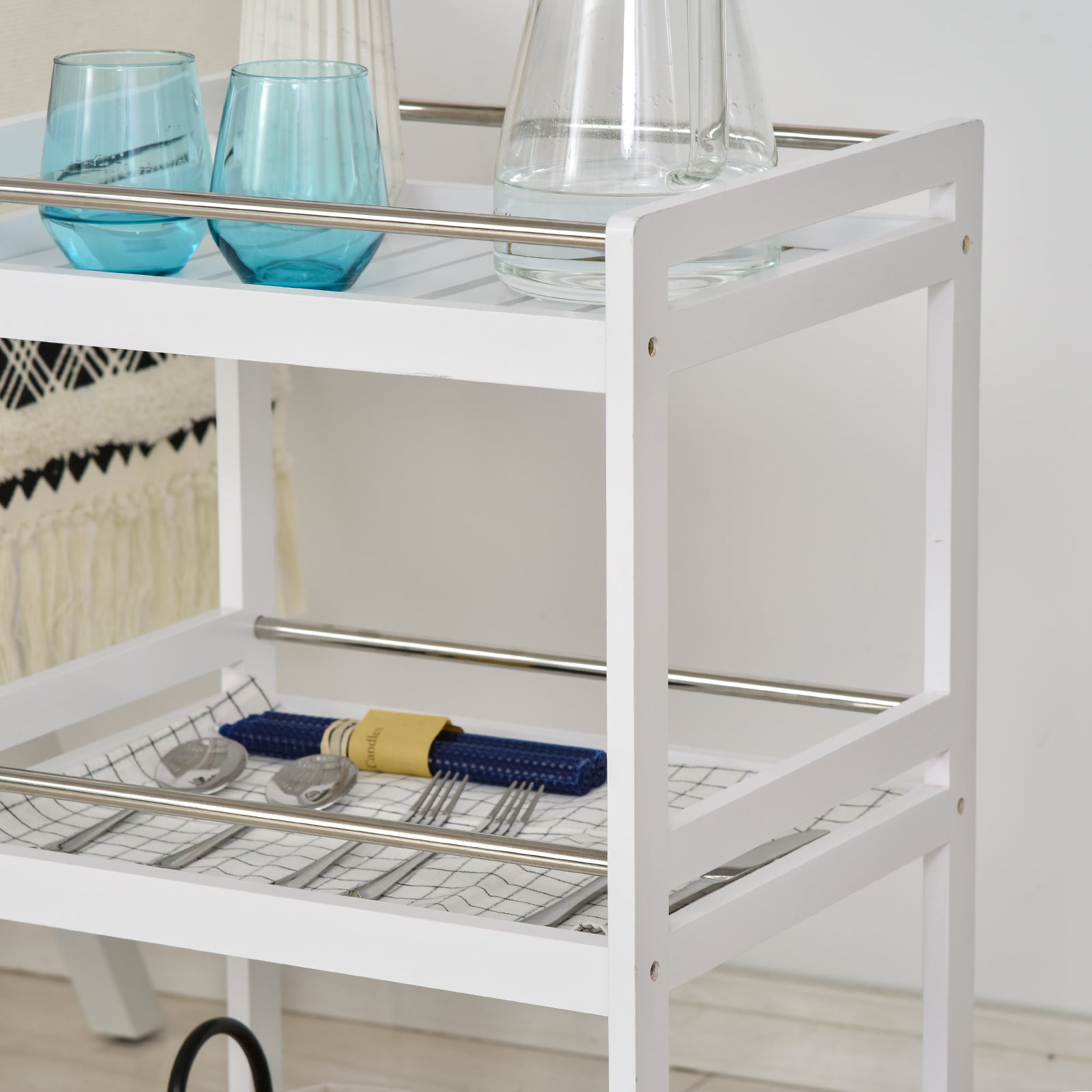 HOMCOM 3-Tier Home Trolley Kitchen Storage Cart w/ Steel Bars 4 Universal Wheels Rolling Unit Organiser Living Room White - North Peak Garden Furniture