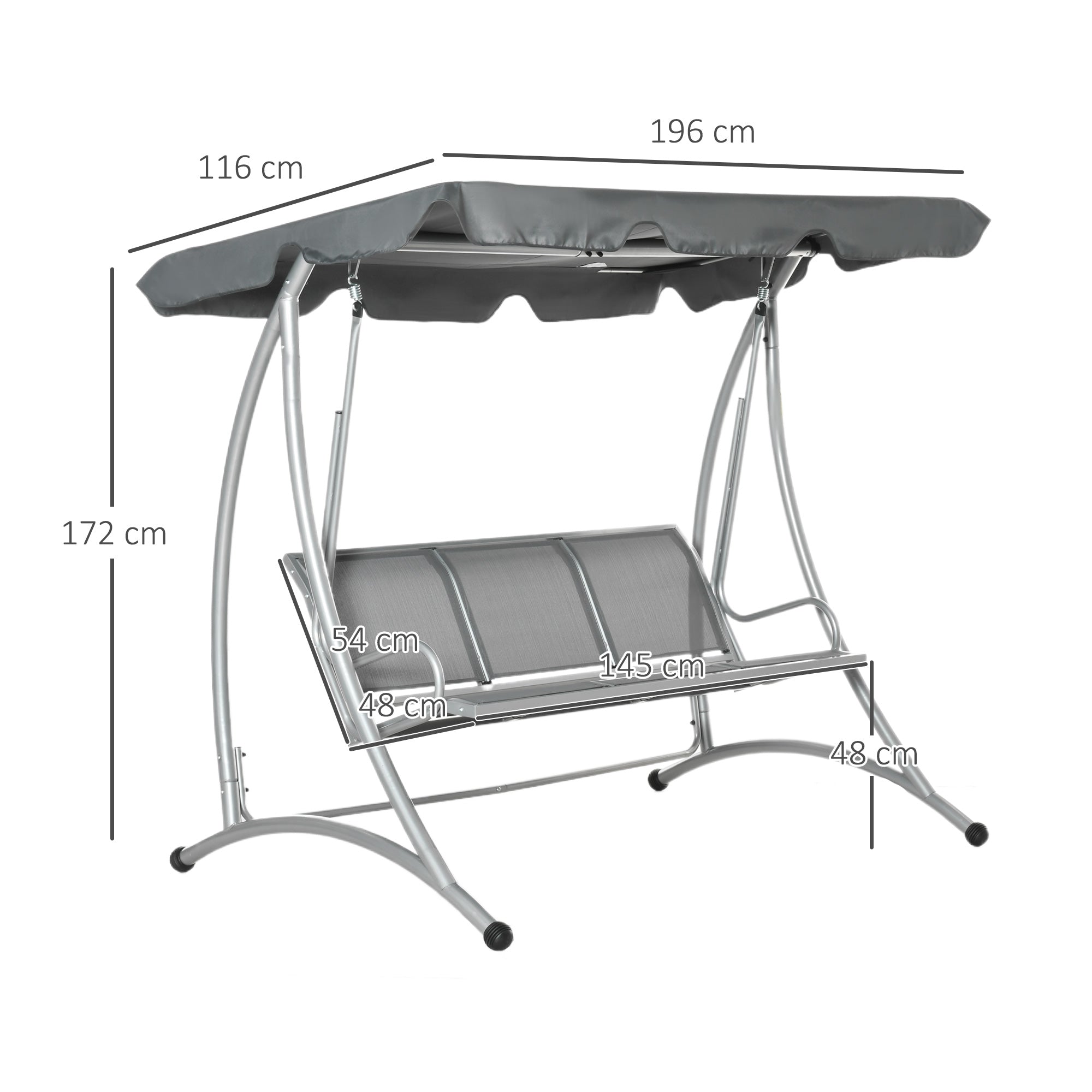 Outsunny Three Person Steel Outdoor Porch Swing Chair Bench w/ Canopy Cover Grey