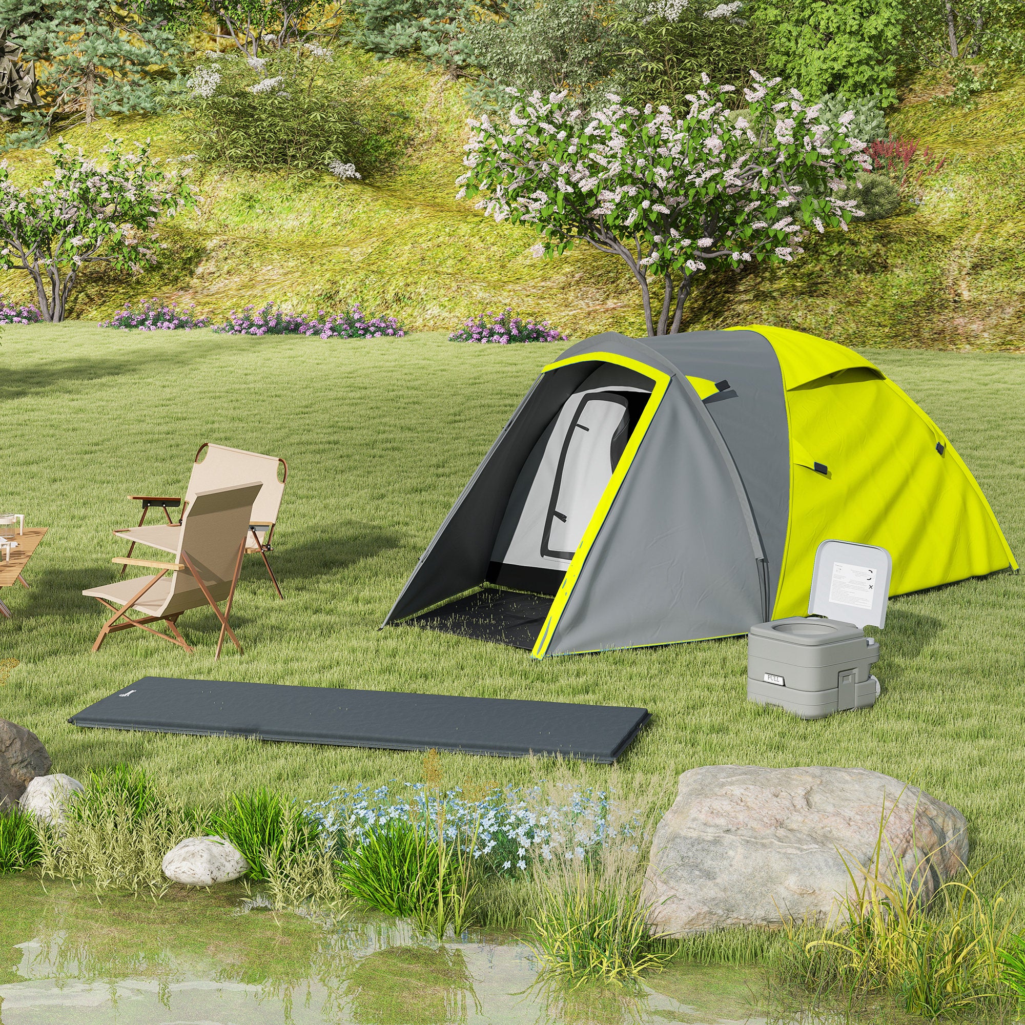 Outsunny Two-Man Dome Tent, with Front Porch and Accessories - Yellow/Grey - North Peak Garden Furniture