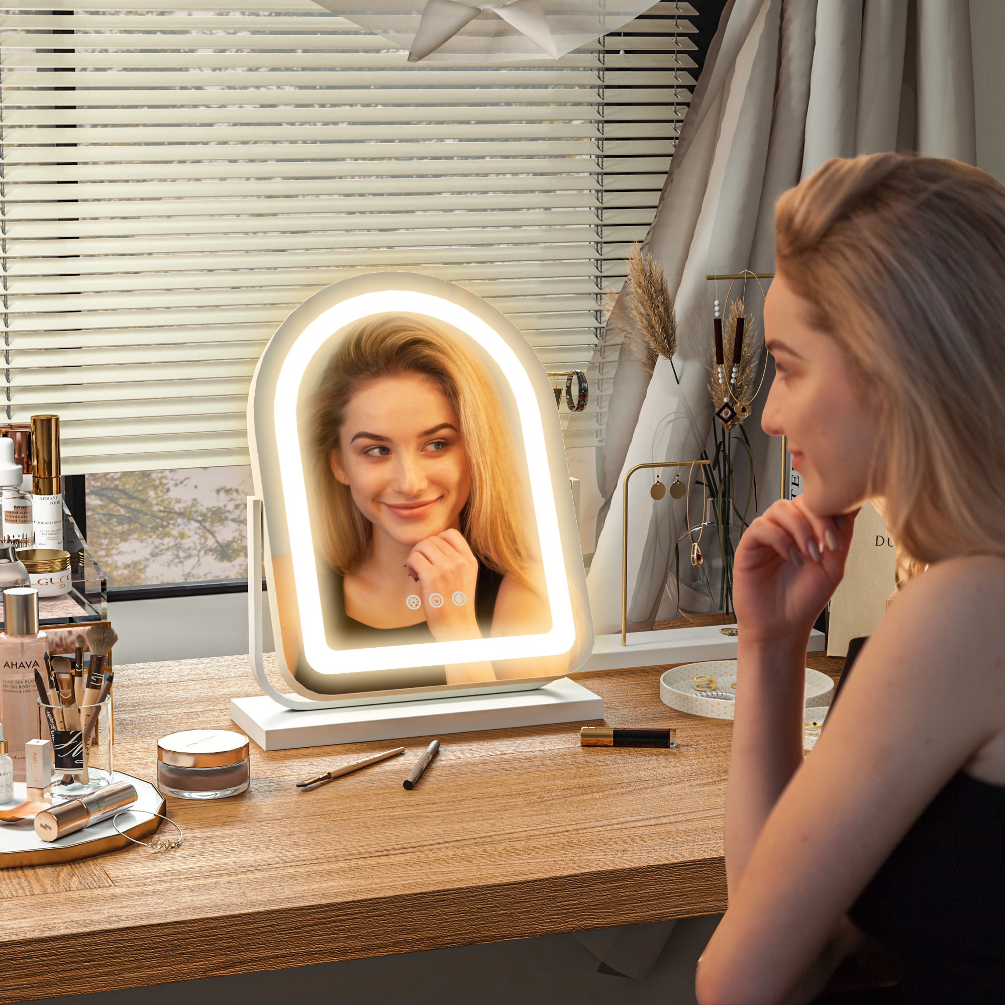 HOMCOM LED Vanity Mirror with Lights, 33 x 44.5cm Lighted Makeup Mirror with 3 Colour, 360° Rotation, Touch Screen, for Bedroom and Dressing Room, White - North Peak Garden Furniture