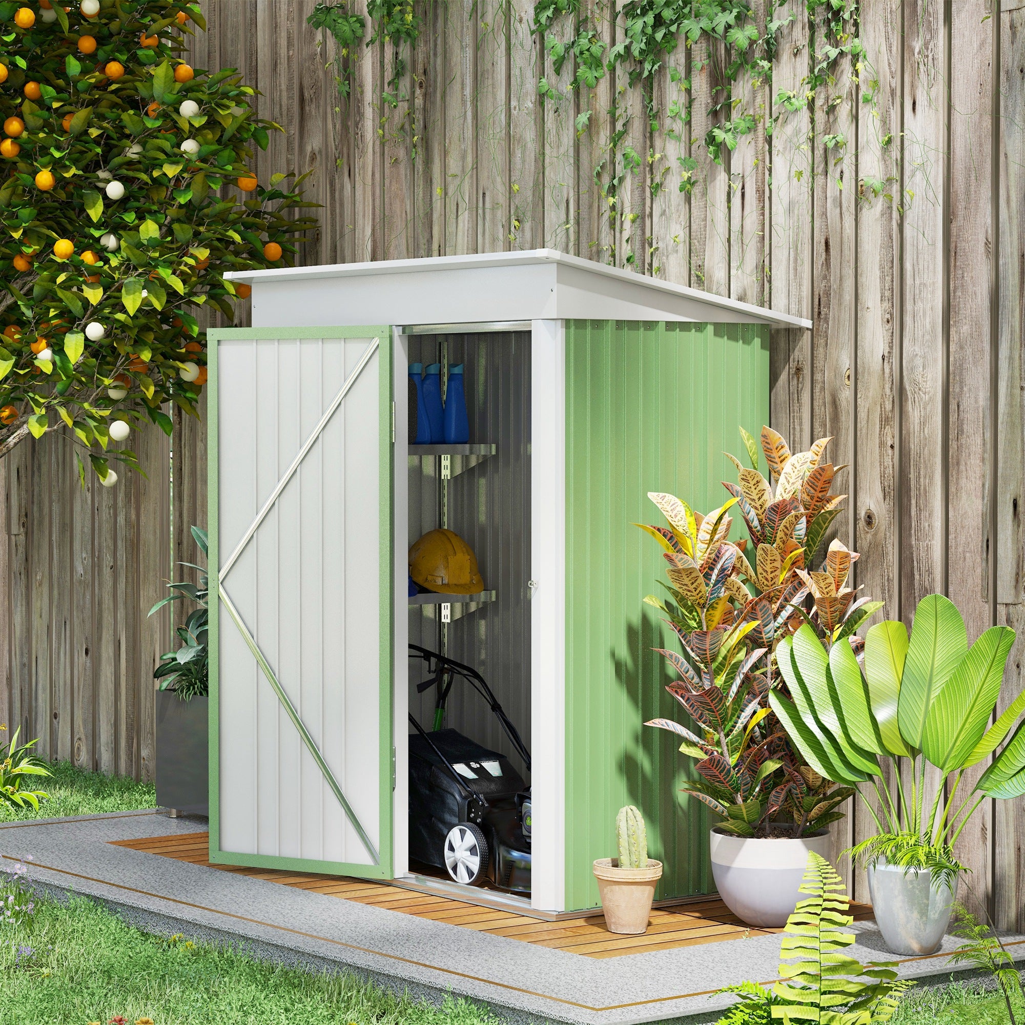 Outsunny Metal Garden Shed, Outdoor Lean-to Shed for Tool Motor Bike, with Adjustable Shelf, Lock, Gloves, 5'x3'x6', Green - North Peak Garden Furniture
