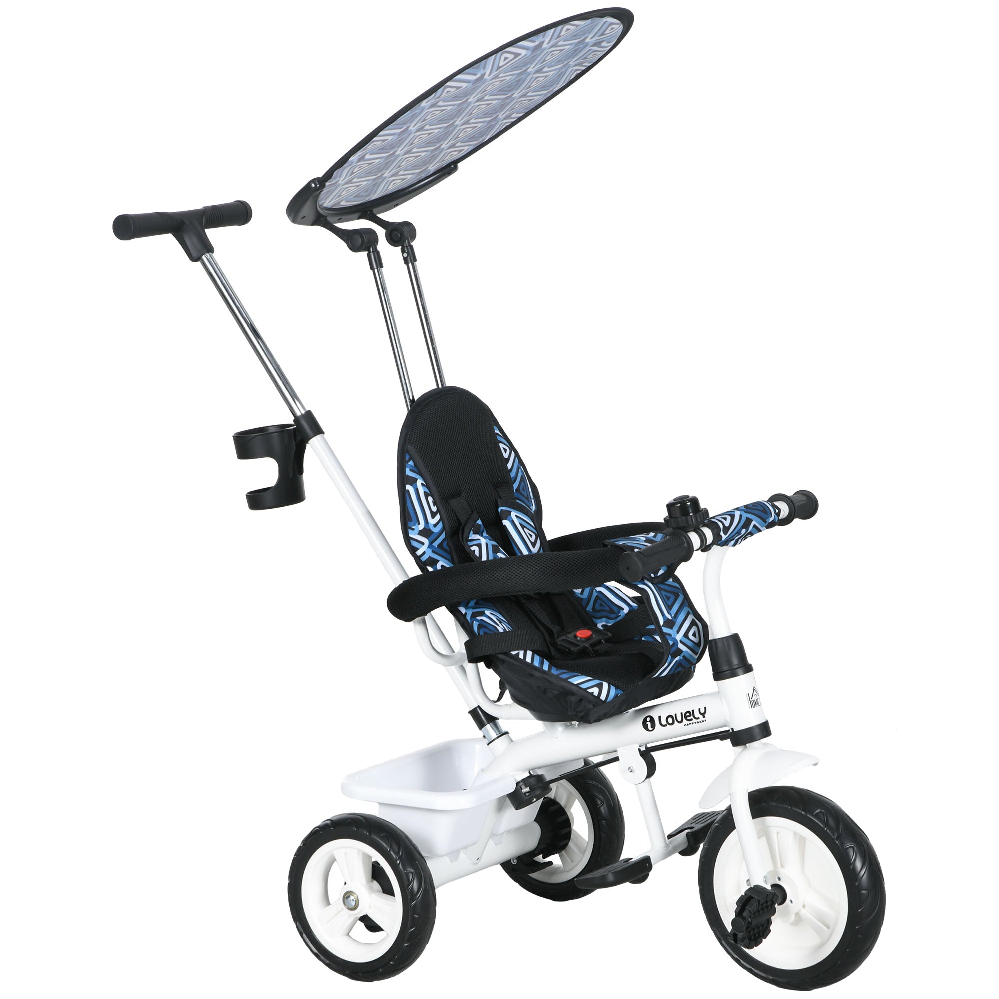 HOMCOM 6 in 1 Tricycle for Kids with 5-point harness straps, Removable Canopy, Blue - North Peak Garden Furniture