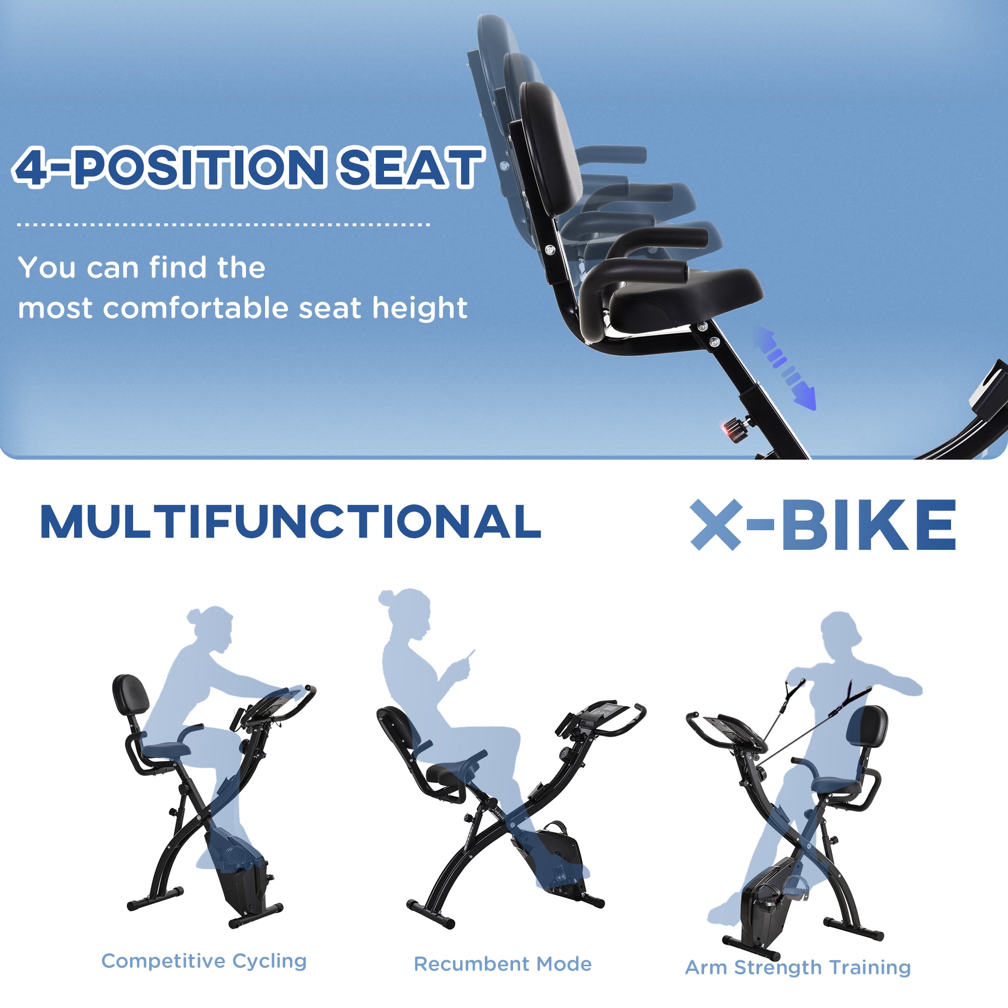 HOMCOM 2-in-1 Folding Exercise Bike with 8-Level Magnetic Resistance, Arm Resistance Band, Pulse Sensor, Black - North Peak Garden Furniture