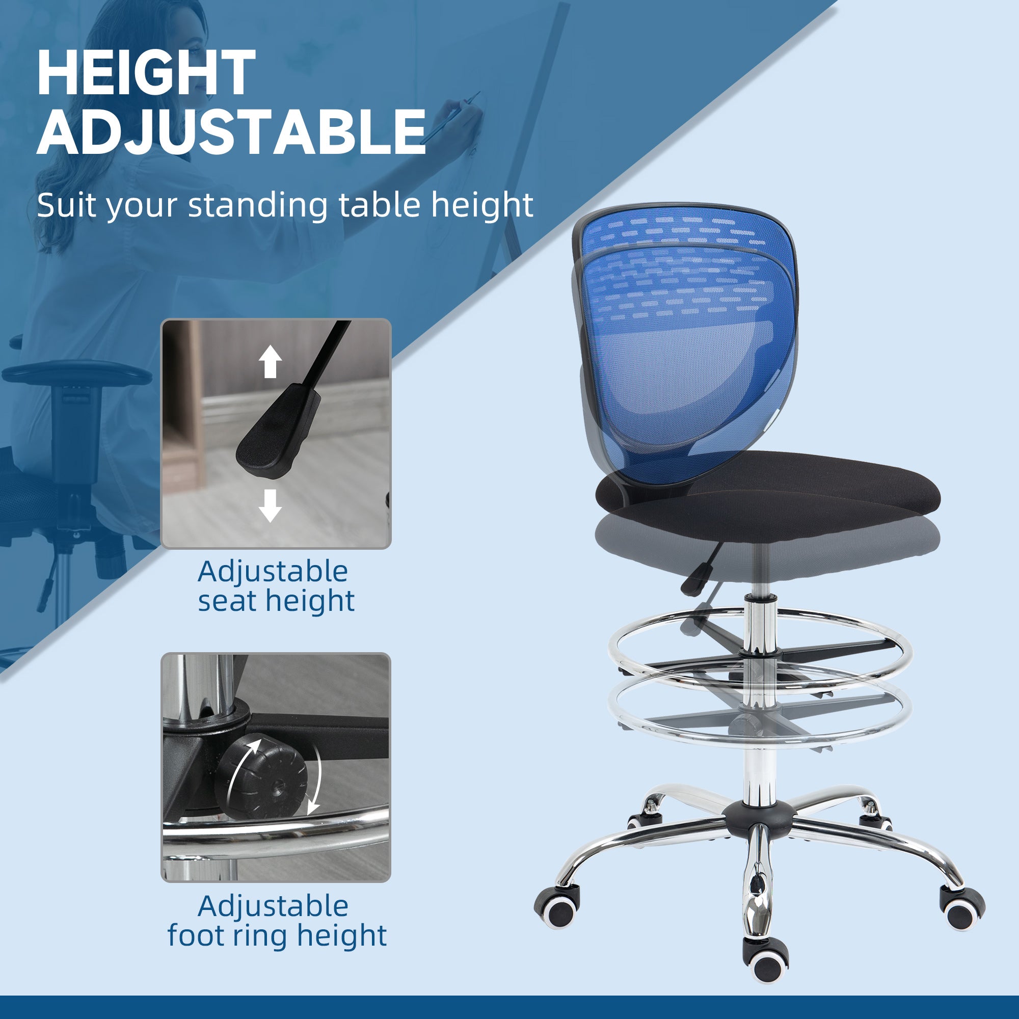 Vinsetto Drafting Chair, Swivel Office Draughtsman Chair, Mesh Standing Desk Chair with Lumbar Support, Adjustable Foot Ring, Armless, Dark Blue - North Peak Garden Furniture