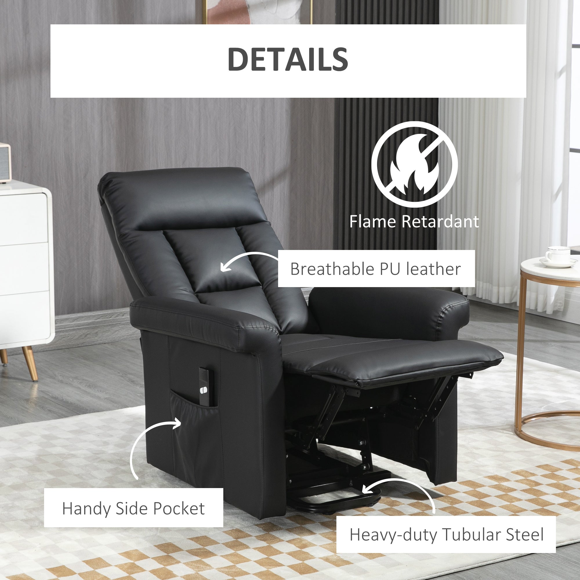 HOMCOM Power Lift Chair, PU Leather Recliner Sofa Chair for Elderly with Remote Control, Side Pocket, Black - North Peak Garden Furniture