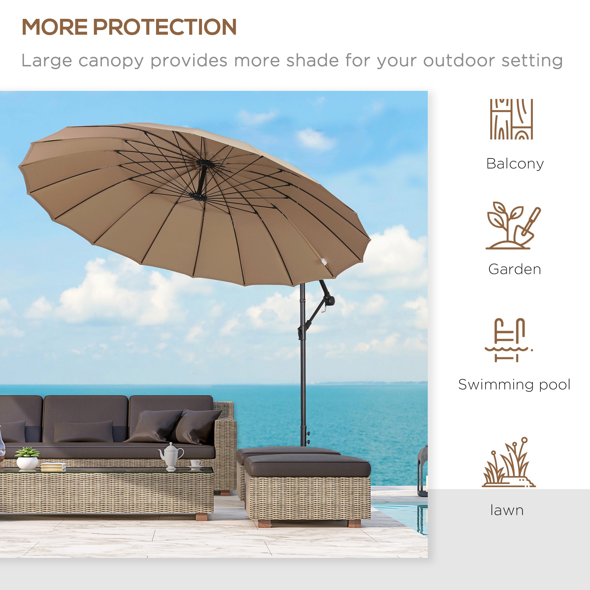 Outsunny 3(m) Cantilever Umbrella 18 Ribs & Vents Adjustable Angle for Patio Khaki - North Peak Garden Furniture