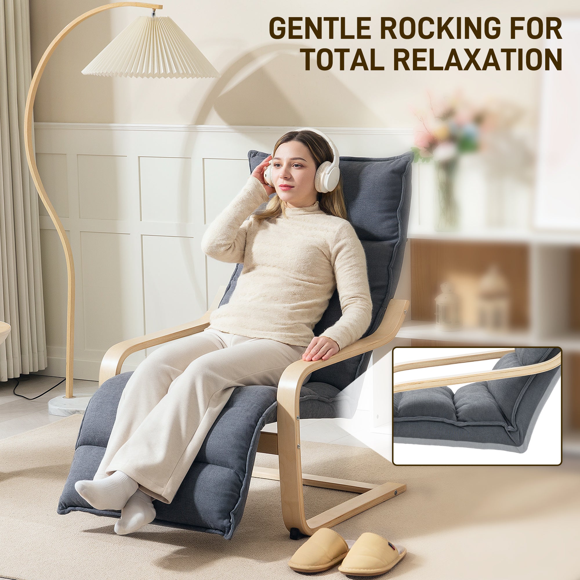 HOMCOM Curved Wooden Accent Chair, with Adjustable Footrest - Drak Grey - North Peak Garden Furniture