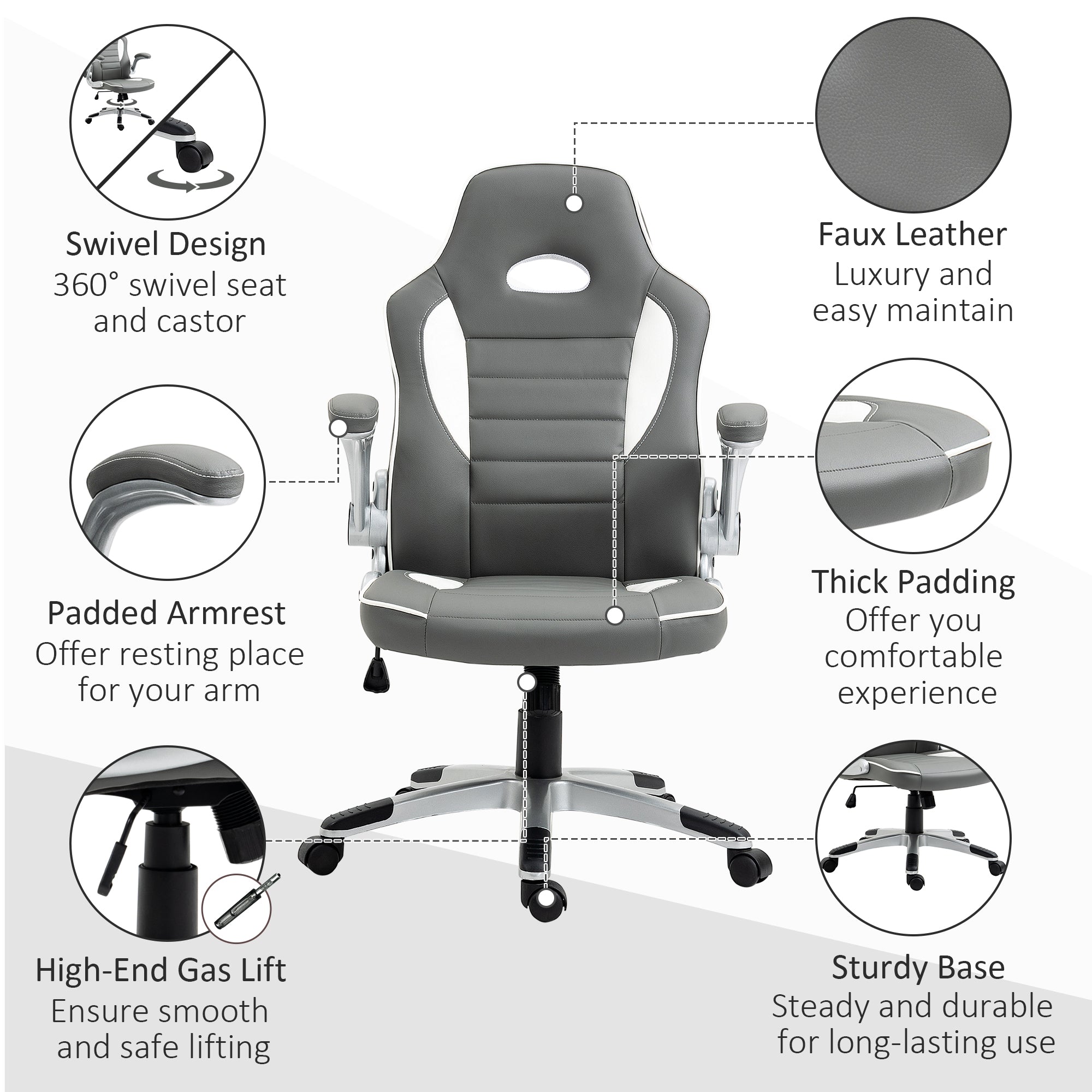 Vinsetto Computer Gaming Chair, Office Desk Swivel Chair, PU Leather Racing Chair with 90° Flip-up Armrest, Adjustable Height and Rolling Wheels, Grey - North Peak Garden Furniture
