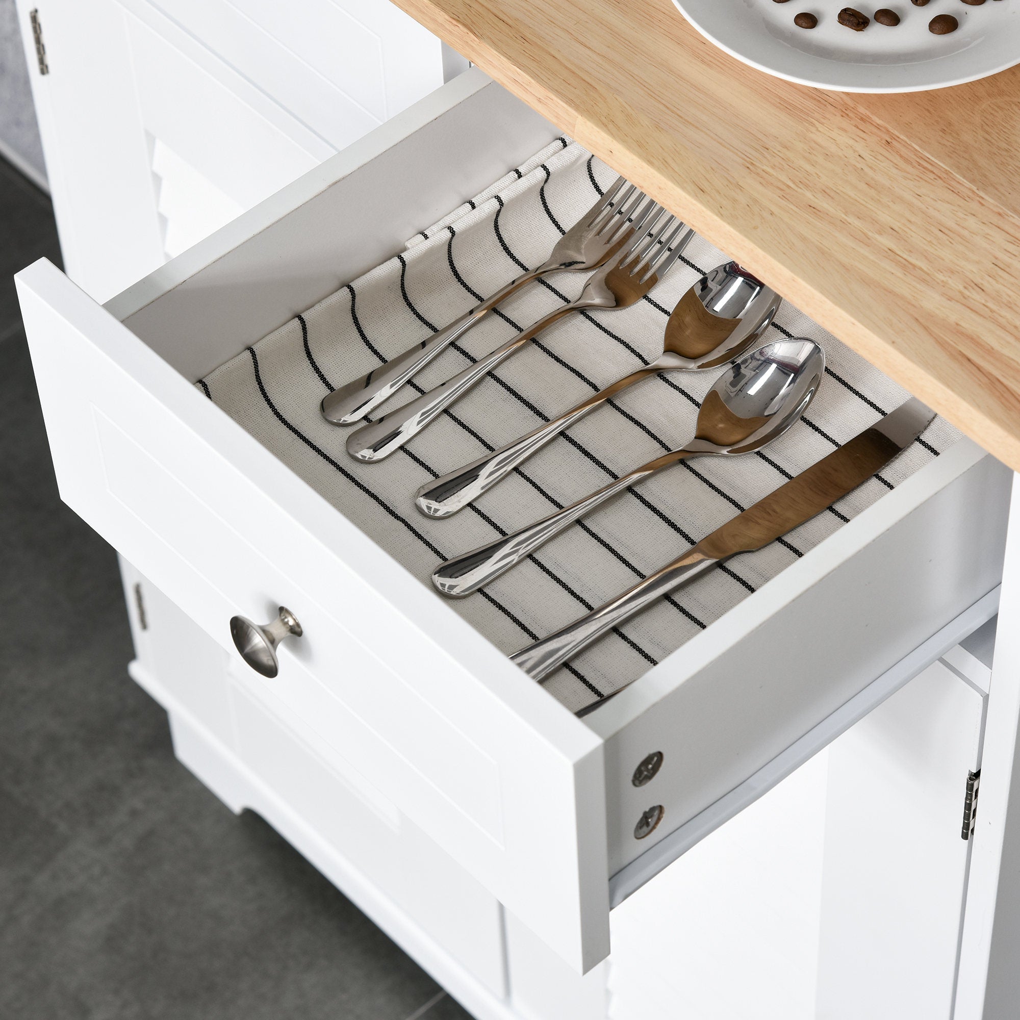 HOMCOM Modern Kitchen Cupboard, Louvered Kitchen Storage Cabinet with Framed Glass Doors and 2 Drawers, White - North Peak Garden Furniture
