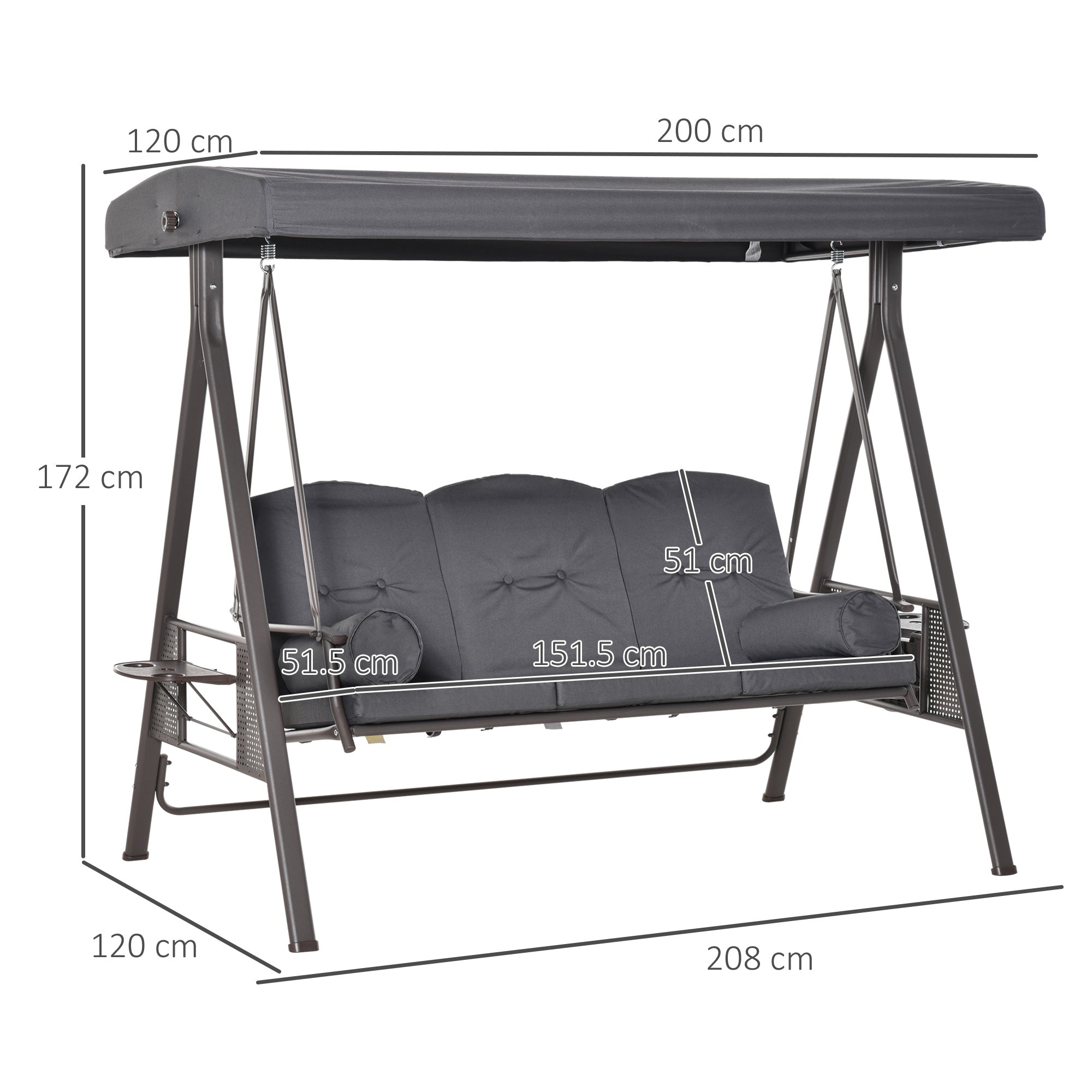 Outsunny 3 Seater Garden Swing Chair Outdoor Hammock Bench w/ Adjustable Canopy, Cushions and Cup Trays, Brown Steel Frame, Dark Grey Fabric - North Peak Garden Furniture