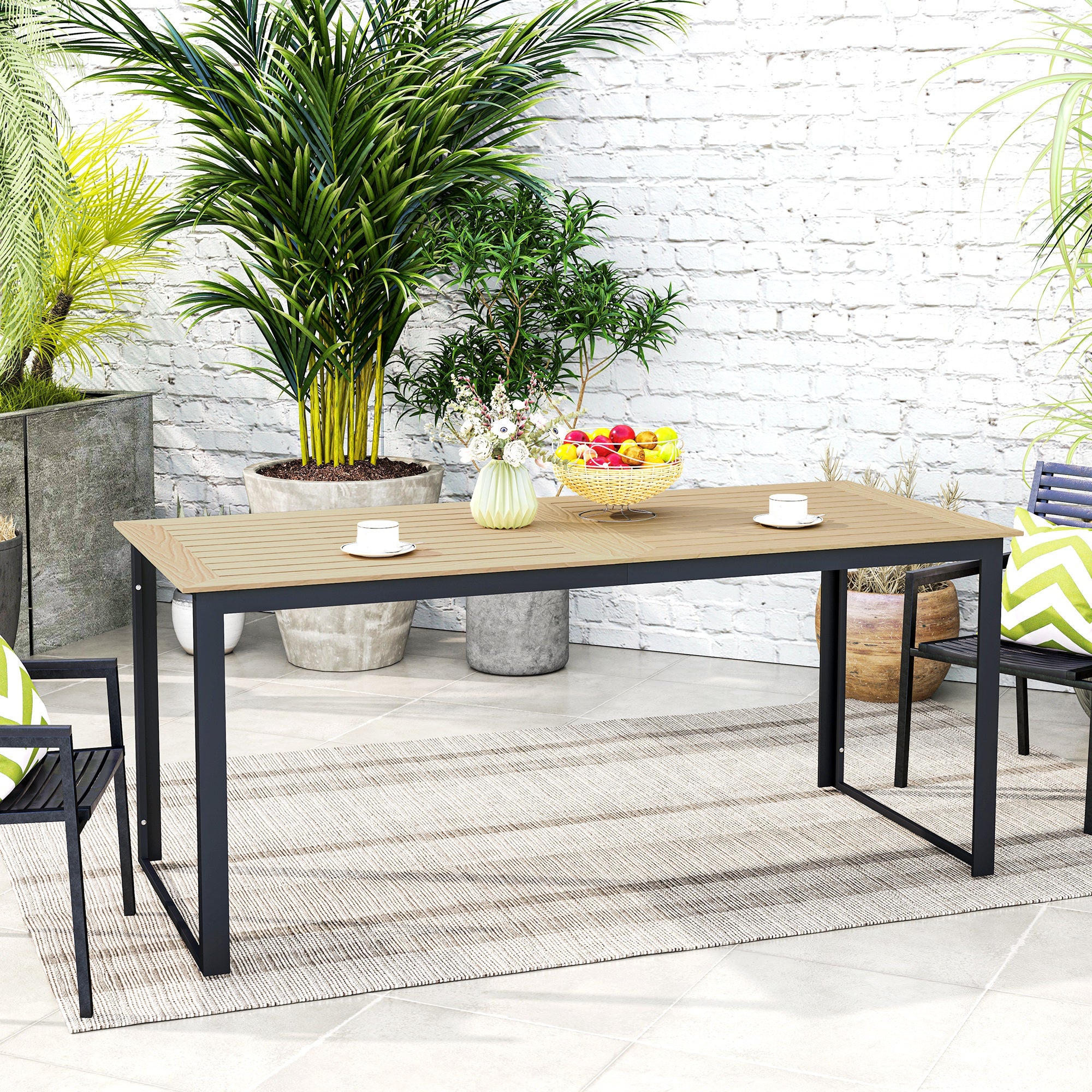 Outsunny Garden Table for 6 People, 175 x 78 x 75 cm Rectangle Outdoor Dining Table with Slatted Top, Metal Frame, for Balcony, Deck, Teak - North Peak Garden Furniture