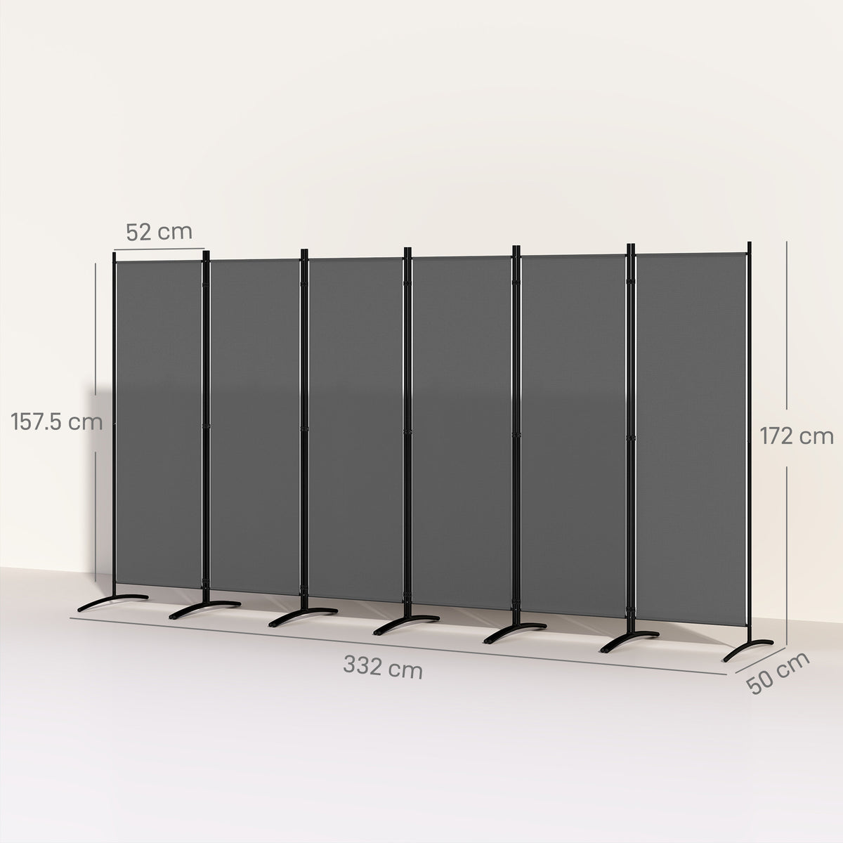 Outsunny 6 Panel Folding Room Divider, 1.7m Privacy Screen with Wide Feet, Portable Freestanding Metal Partition Separator for Office, Living Room, Bedroom, Dining Room, Dark Grey