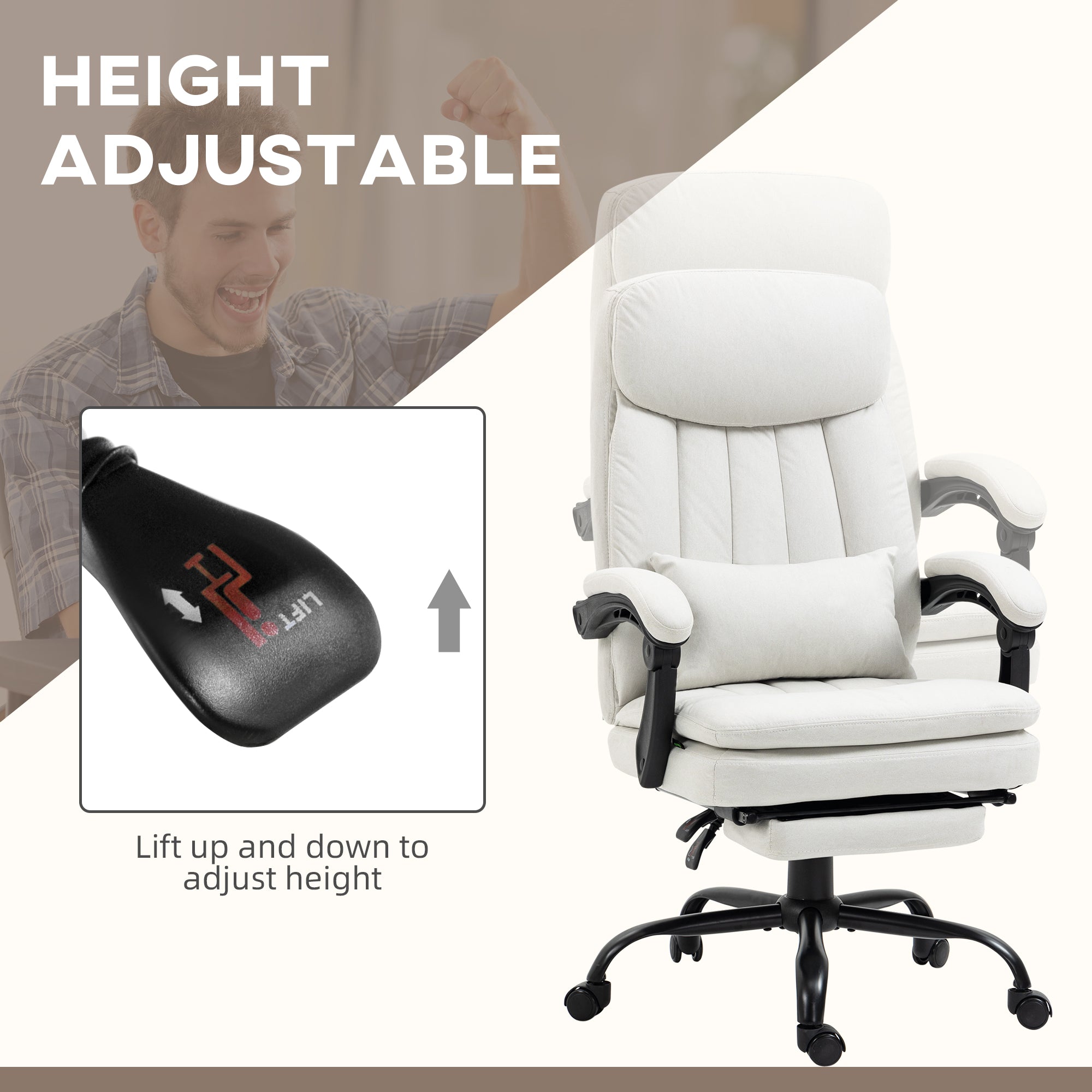 Vinsetto Office Chair, Ergonomic Desk Chair with 6-Point Vibration Massage and Lumbar Heating, Computer Chair with Lumbar Support Pillow, 155° Reclining Back and Footrest, Cream White - North Peak Garden Furniture