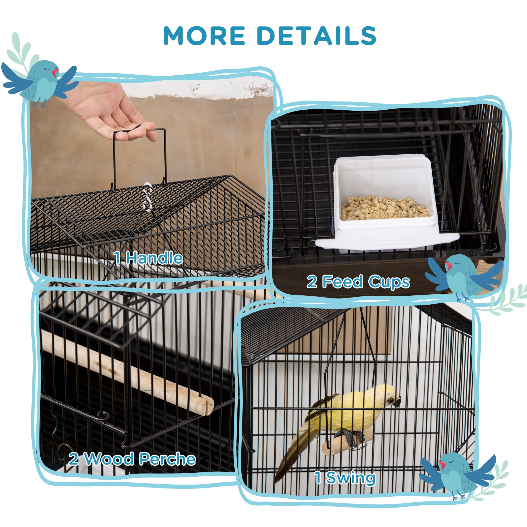 PawHut Metal Bird Cage with Plastic Swing Perch Food Container Tray Handle for Finch Canary Budgie 50.5 x 40 x 63cm Black - North Peak Garden Furniture