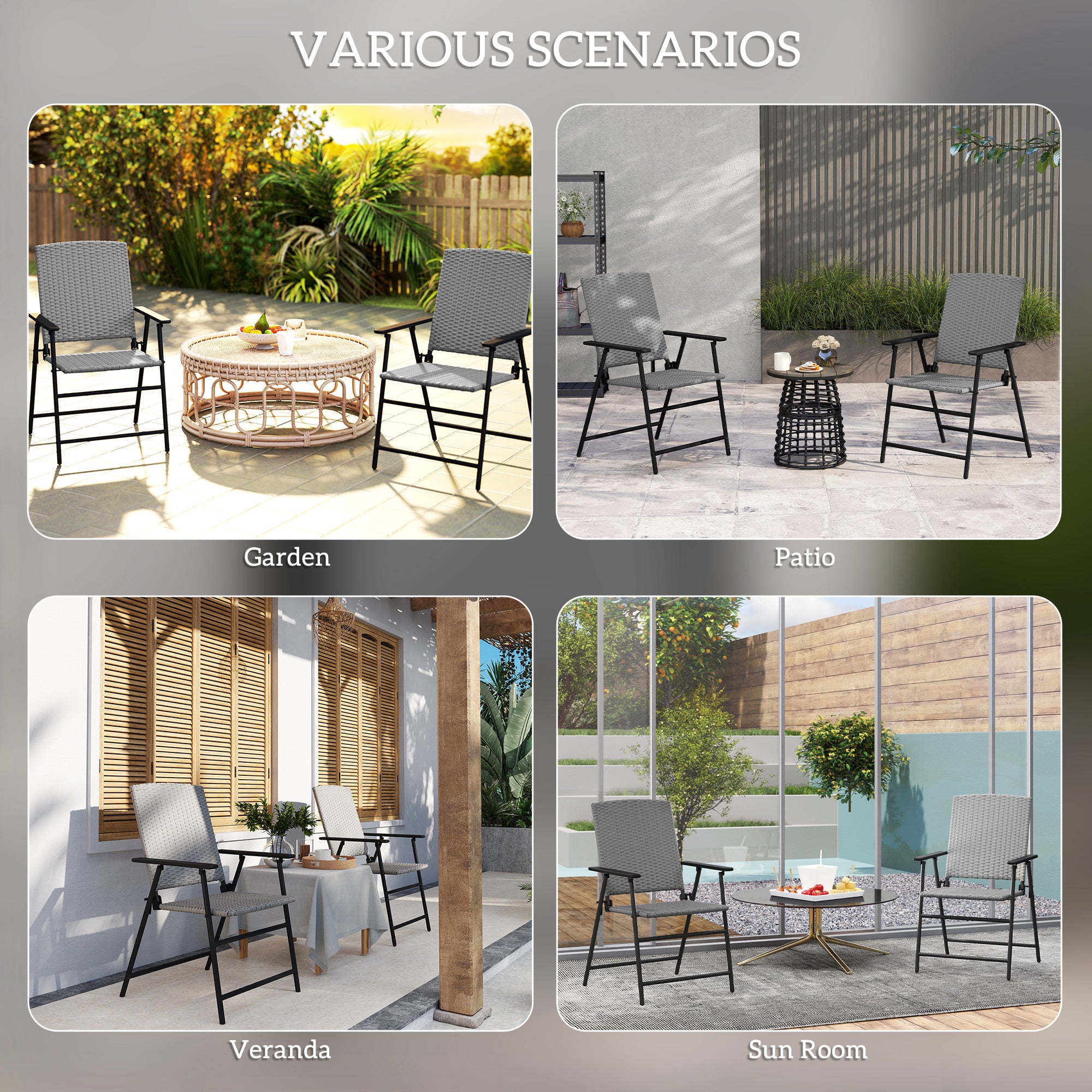 Outsunny Set of Two Folding Rattan Seat Chairs - Grey - North Peak Garden Furniture