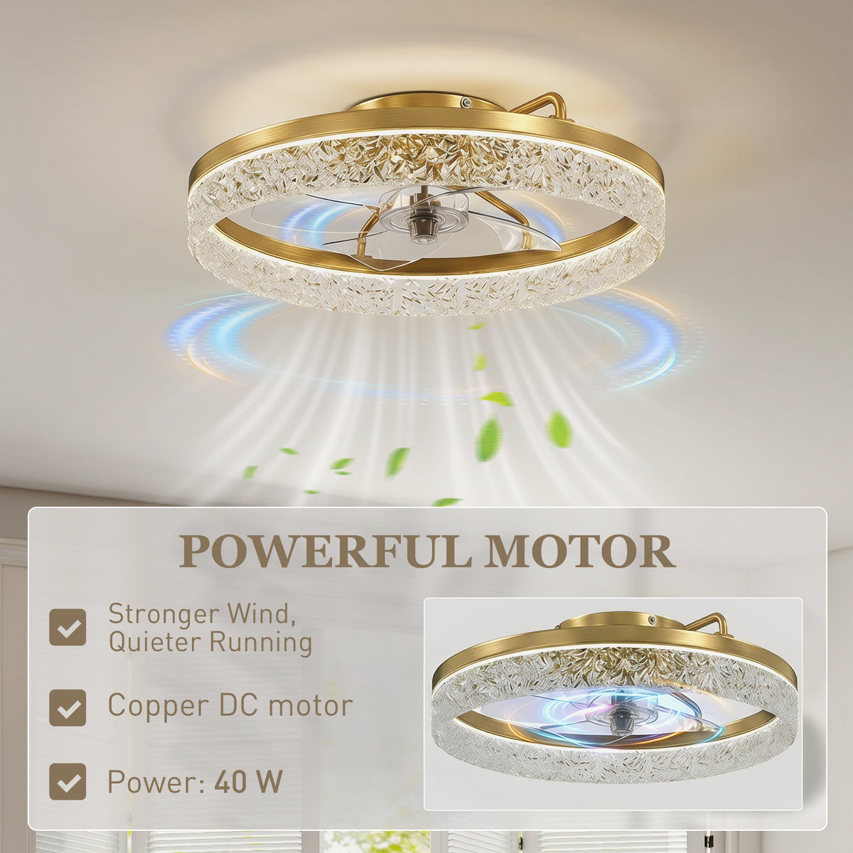 HOMCOM Ceiling Fan with Lights, Dimmable LED Mount Ceiling Fan Light with Remote App Control for Bedroom, Gold Tone